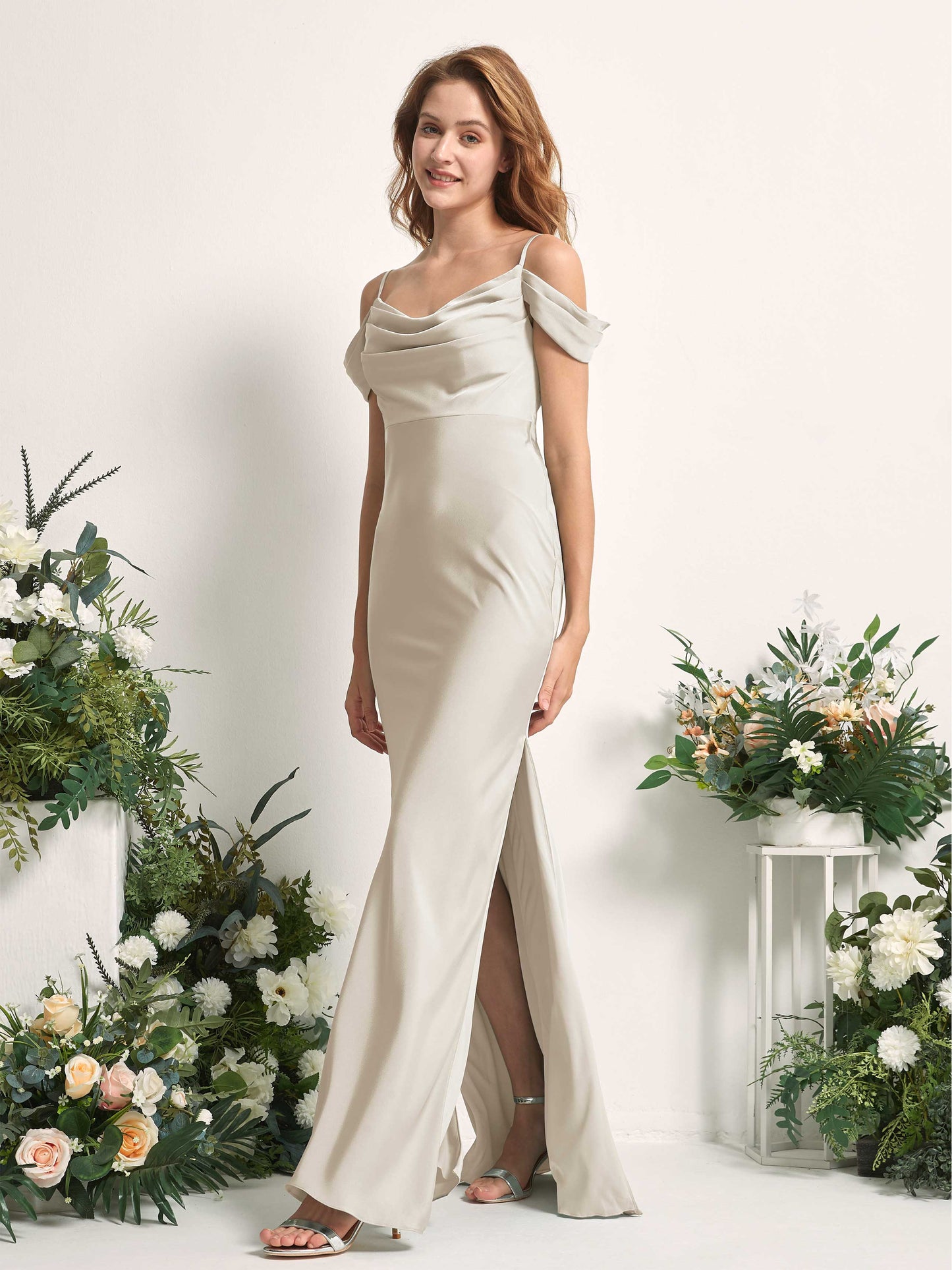 Alexis Champagne Satin Off Shoulder Maxi Dress