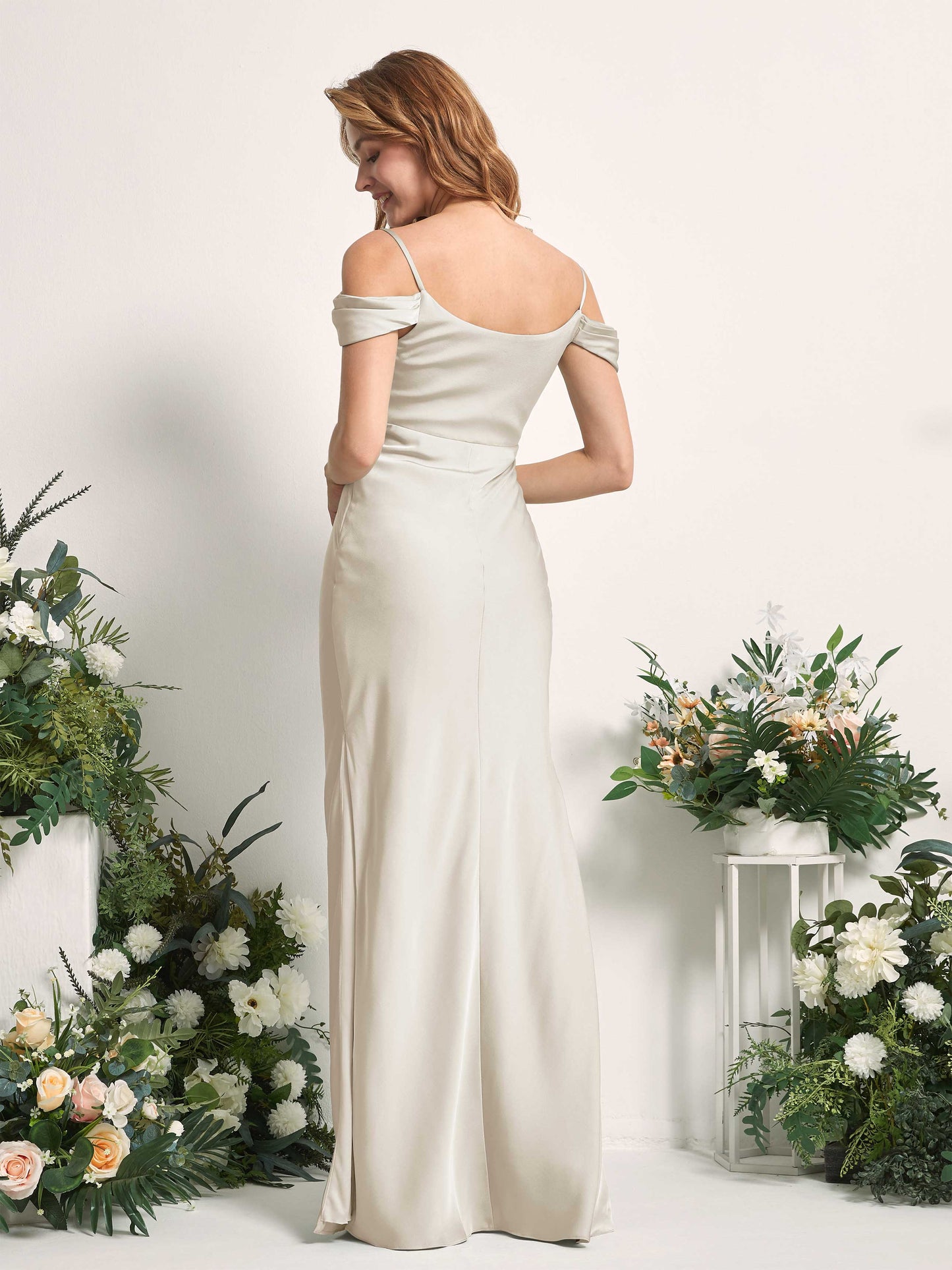 Alexis Champagne Satin Off Shoulder Maxi Dress