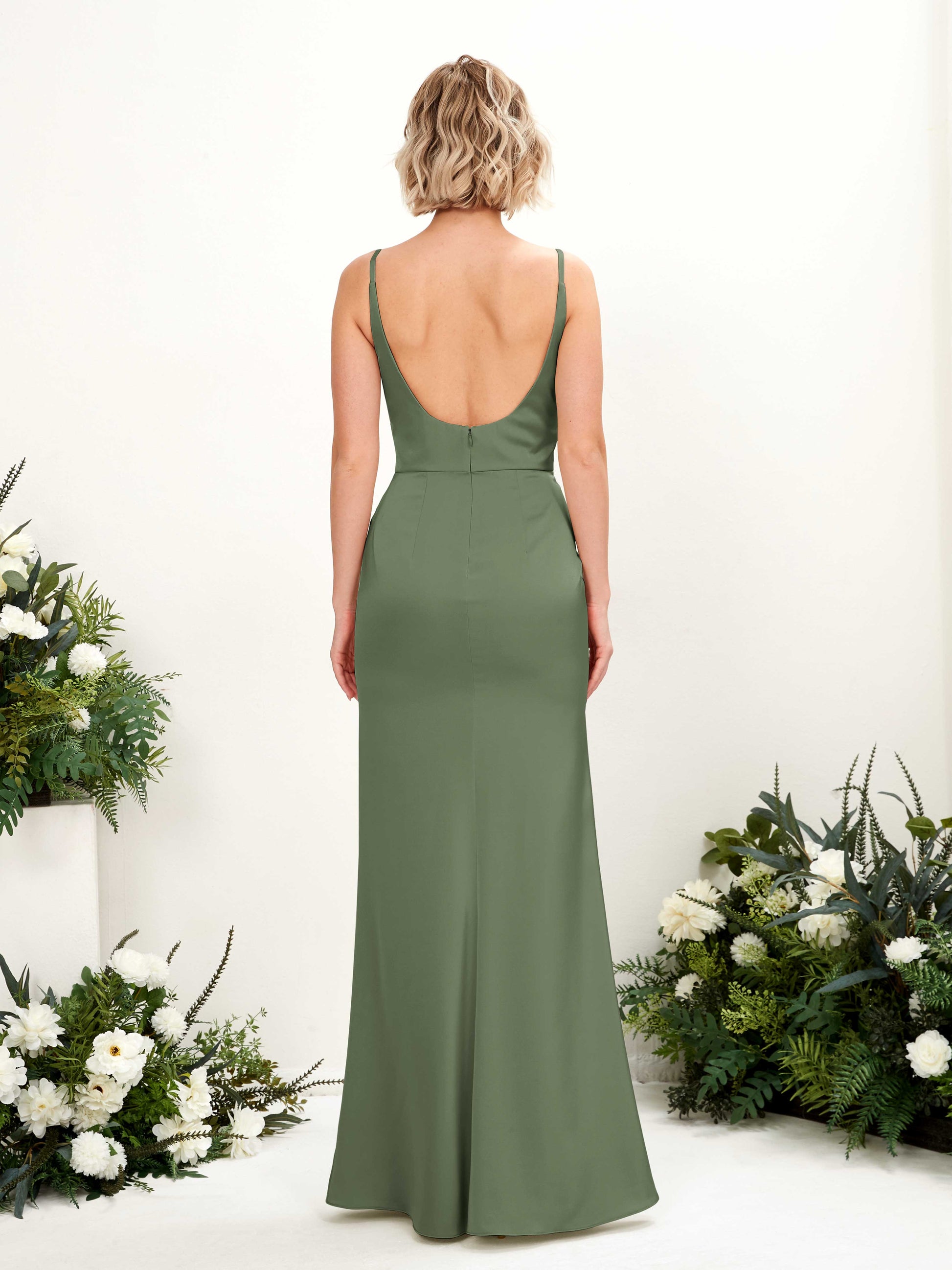 Agatha Green Olive Satin Sleeveless Maxi Dress