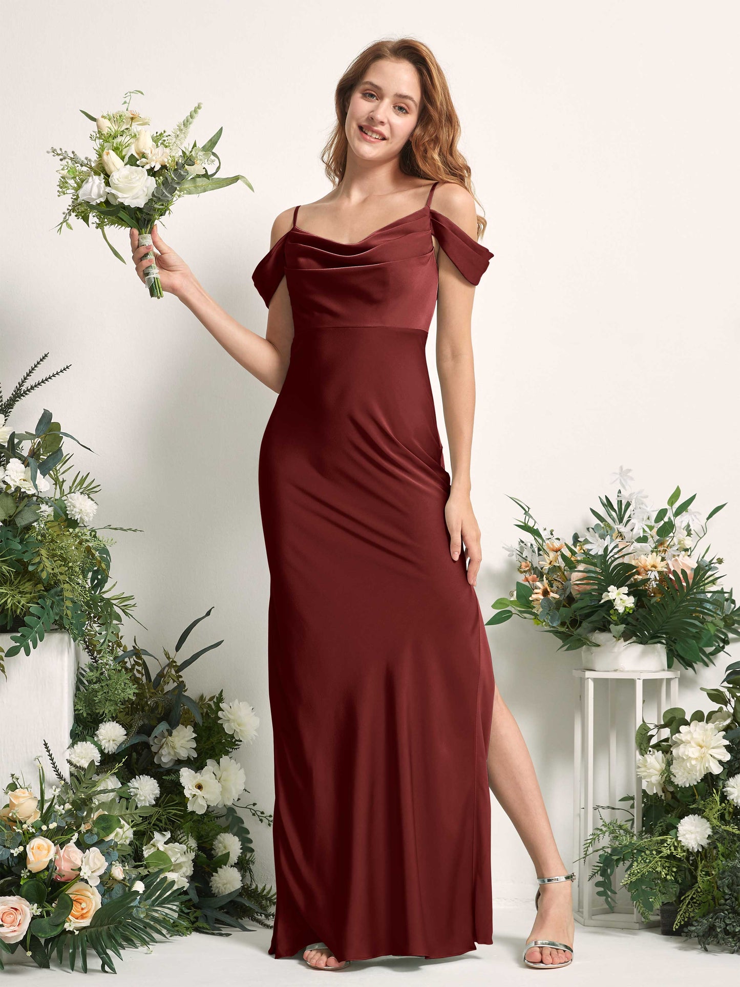 Alexis Burgundy Satin Off Shoulder Maxi Dress