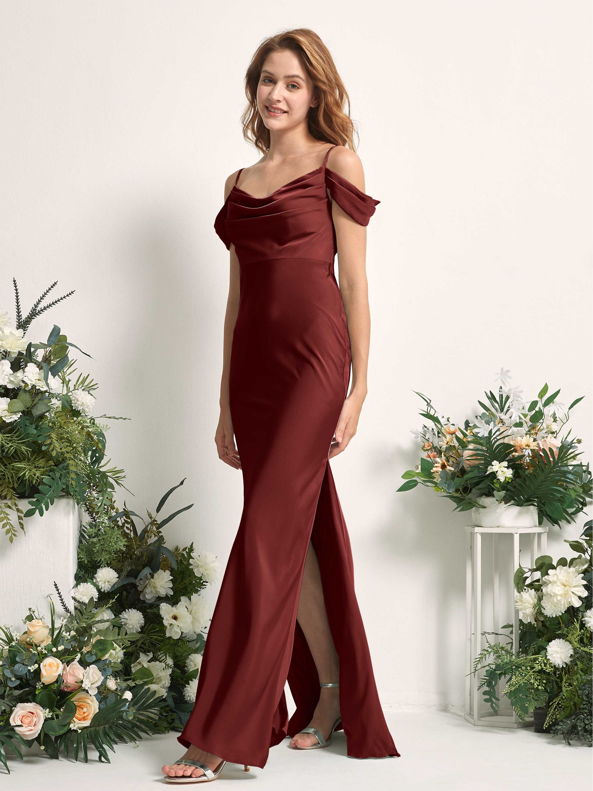 Alexis Burgundy Satin Off Shoulder Maxi Dress