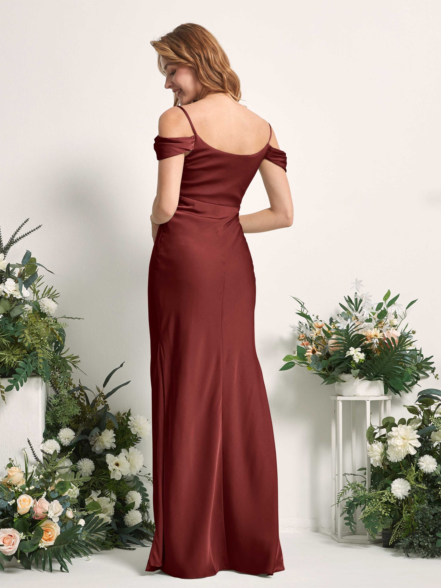 Alexis Burgundy Satin Off Shoulder Maxi Dress