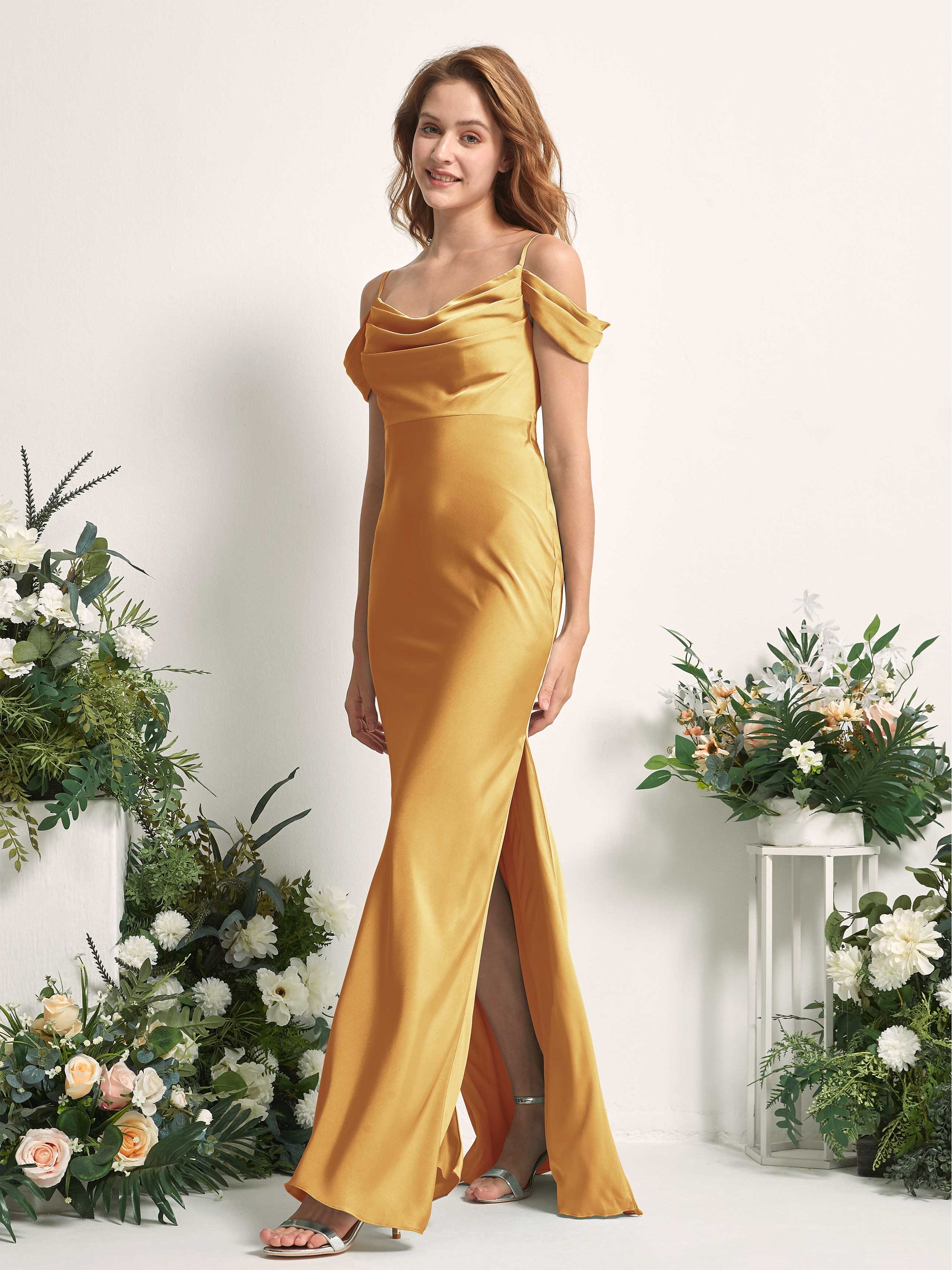 Alexis Canary Satin Off Shoulder Maxi Dress