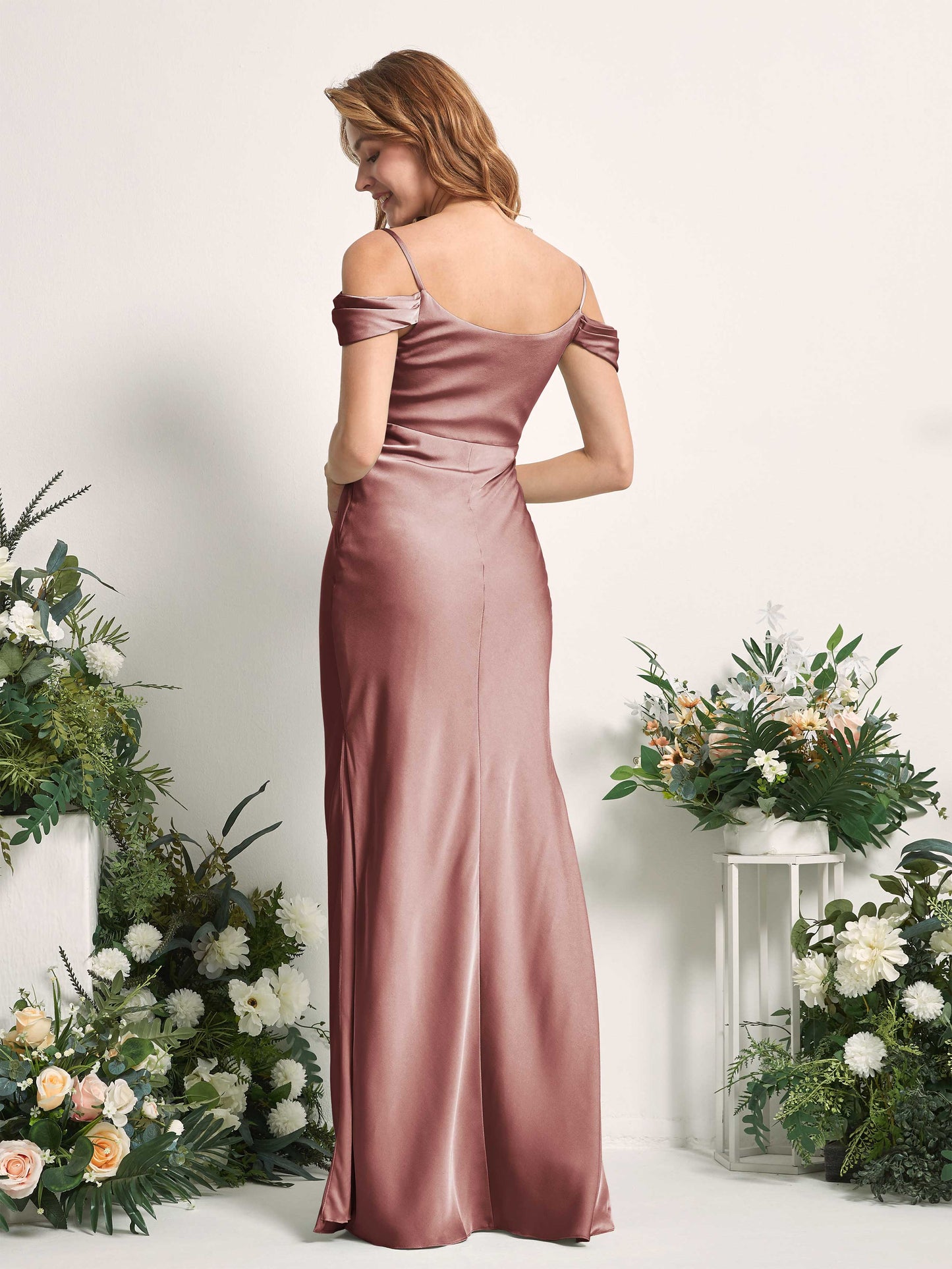 Alexis Desert Rose Satin Off Shoulder Maxi Dress