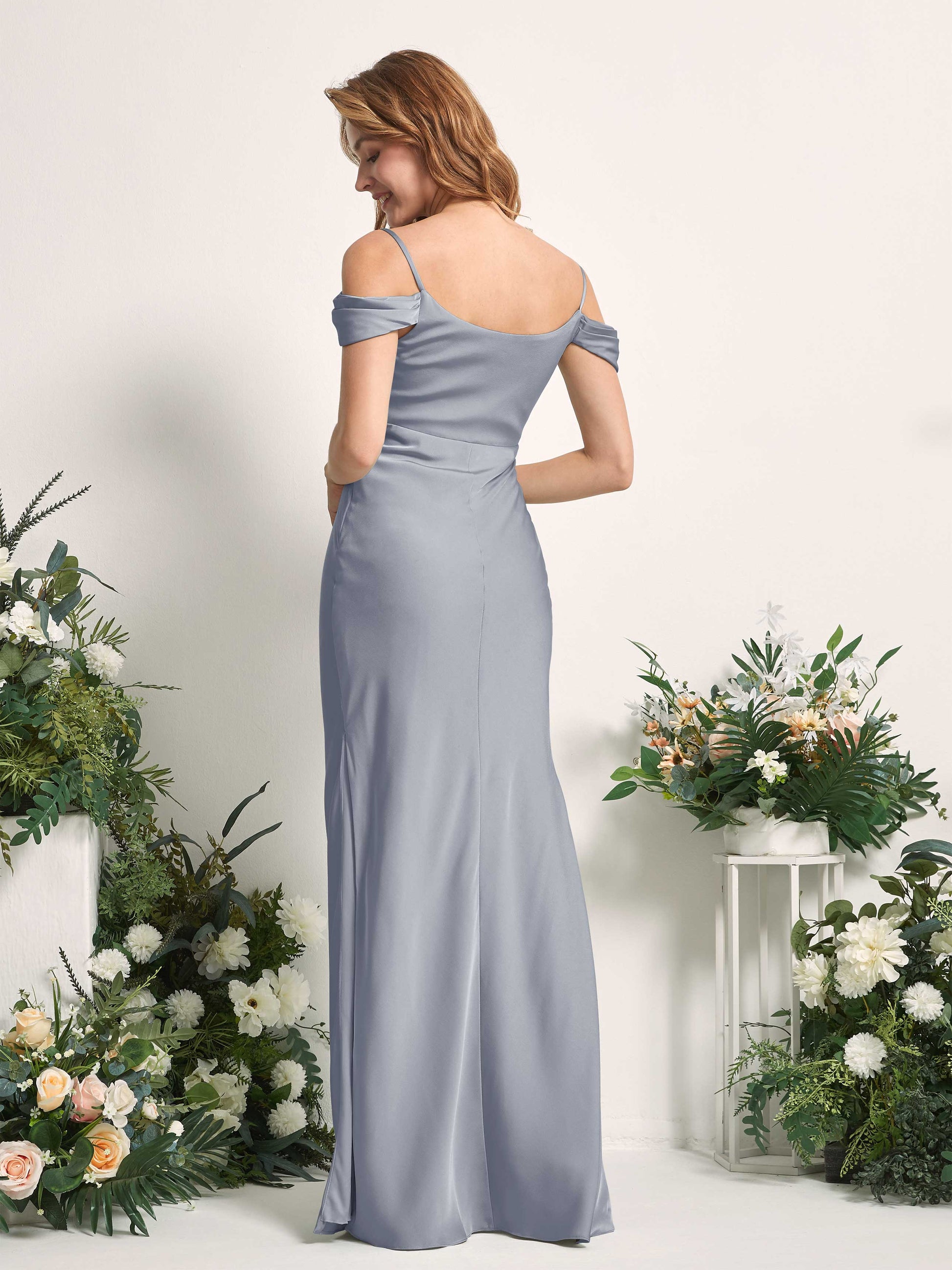 Alexis Dusty Blue Satin Off Shoulder Maxi Dress