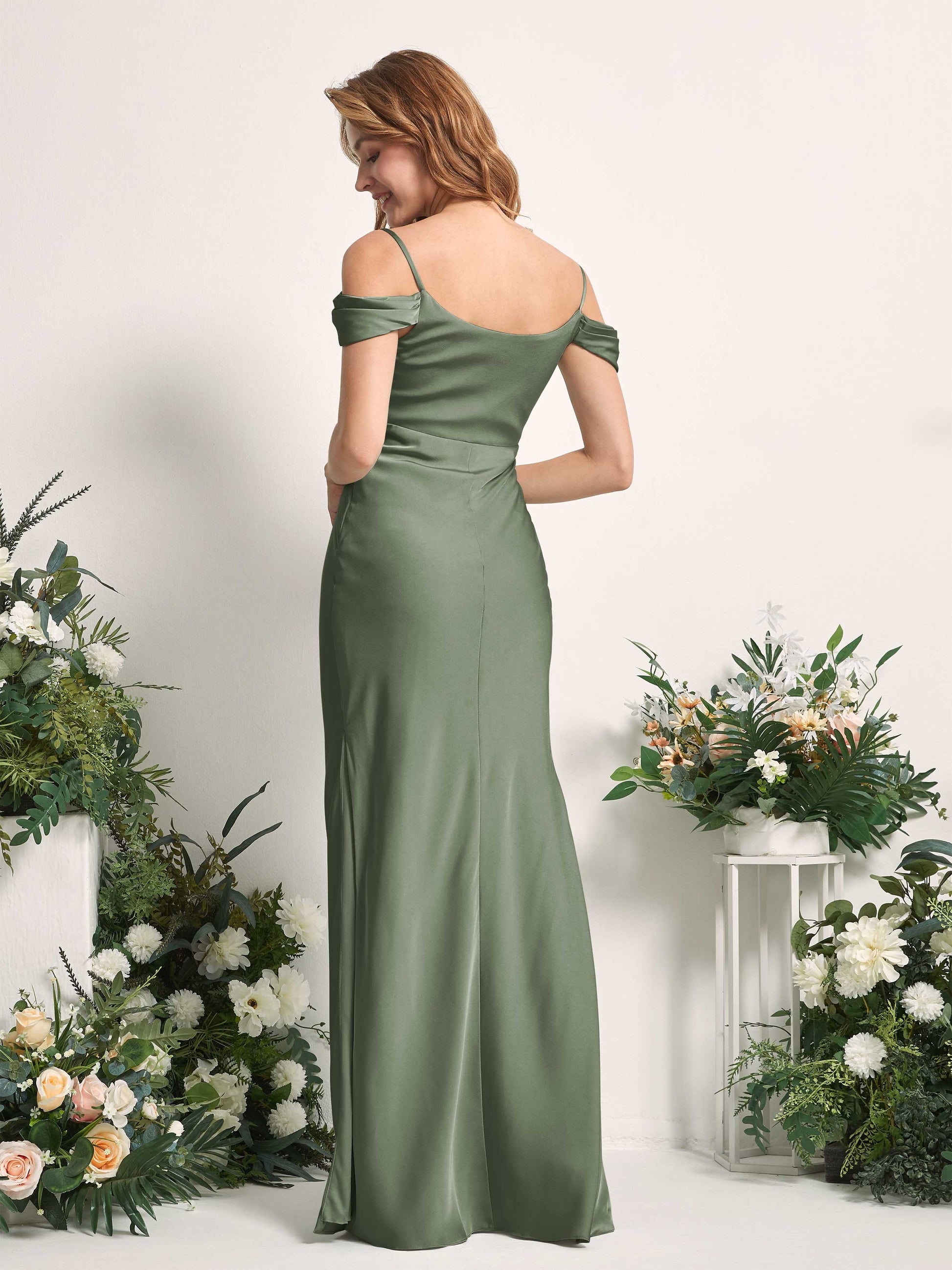 Alexis Green Olive Satin Off Shoulder Maxi Dress