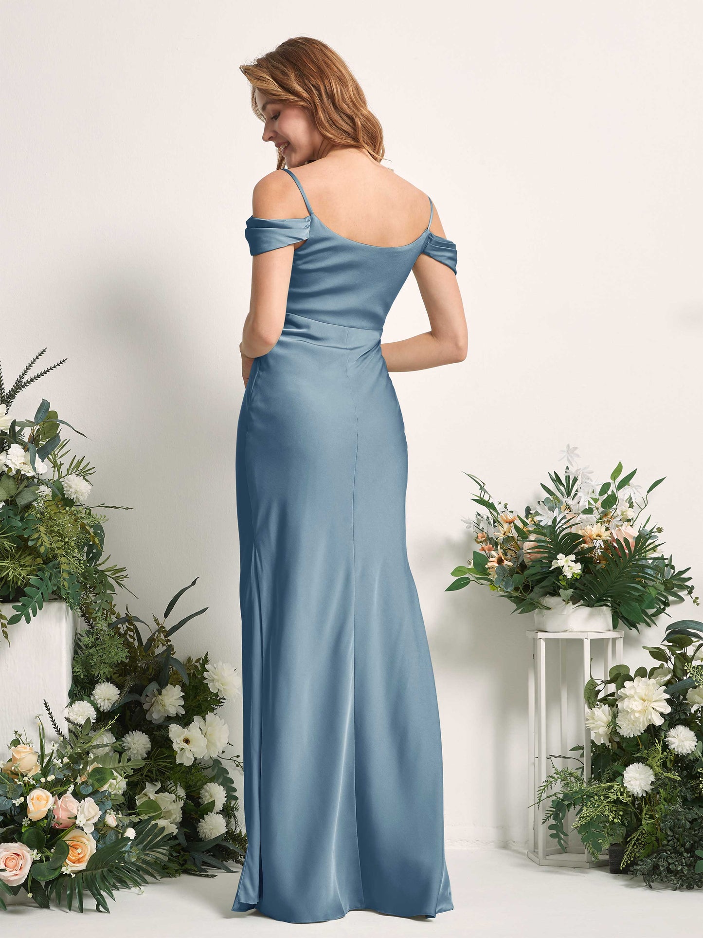 Alexis Ink blue Satin Off Shoulder Maxi Dress