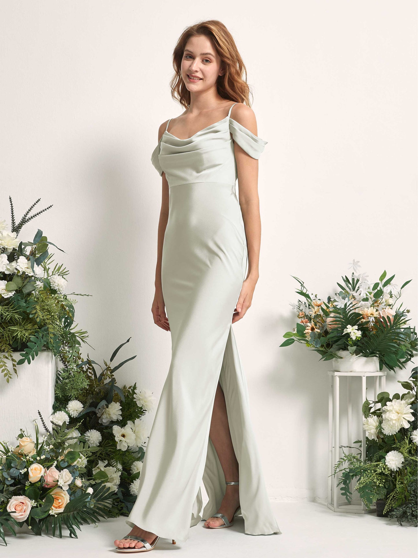 Alexis Ivory Satin Off Shoulder Maxi Dress