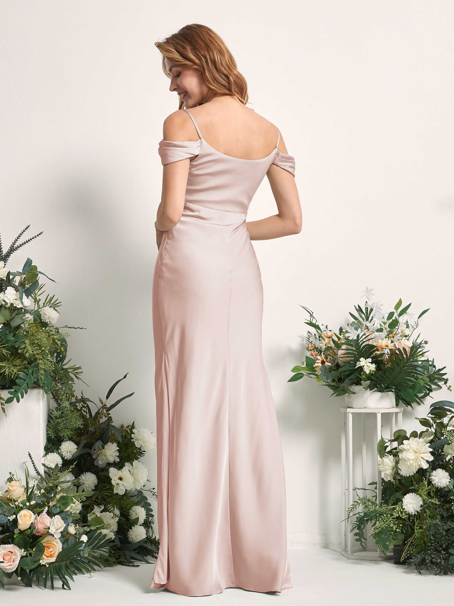 Alexis Pearl Pink Satin Off Shoulder Maxi Dress