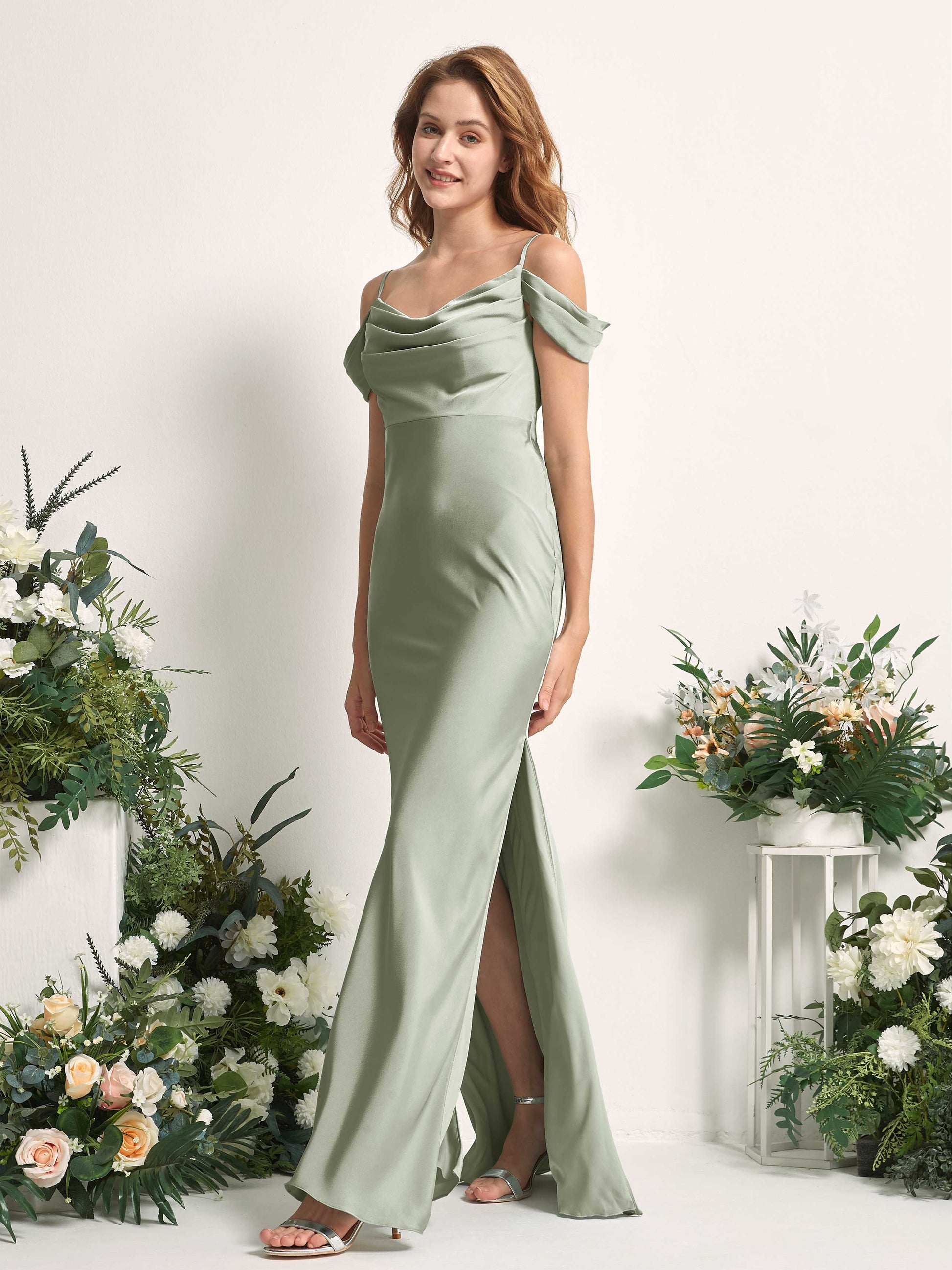 Alexis Sage Green Satin Off Shoulder Maxi Dress