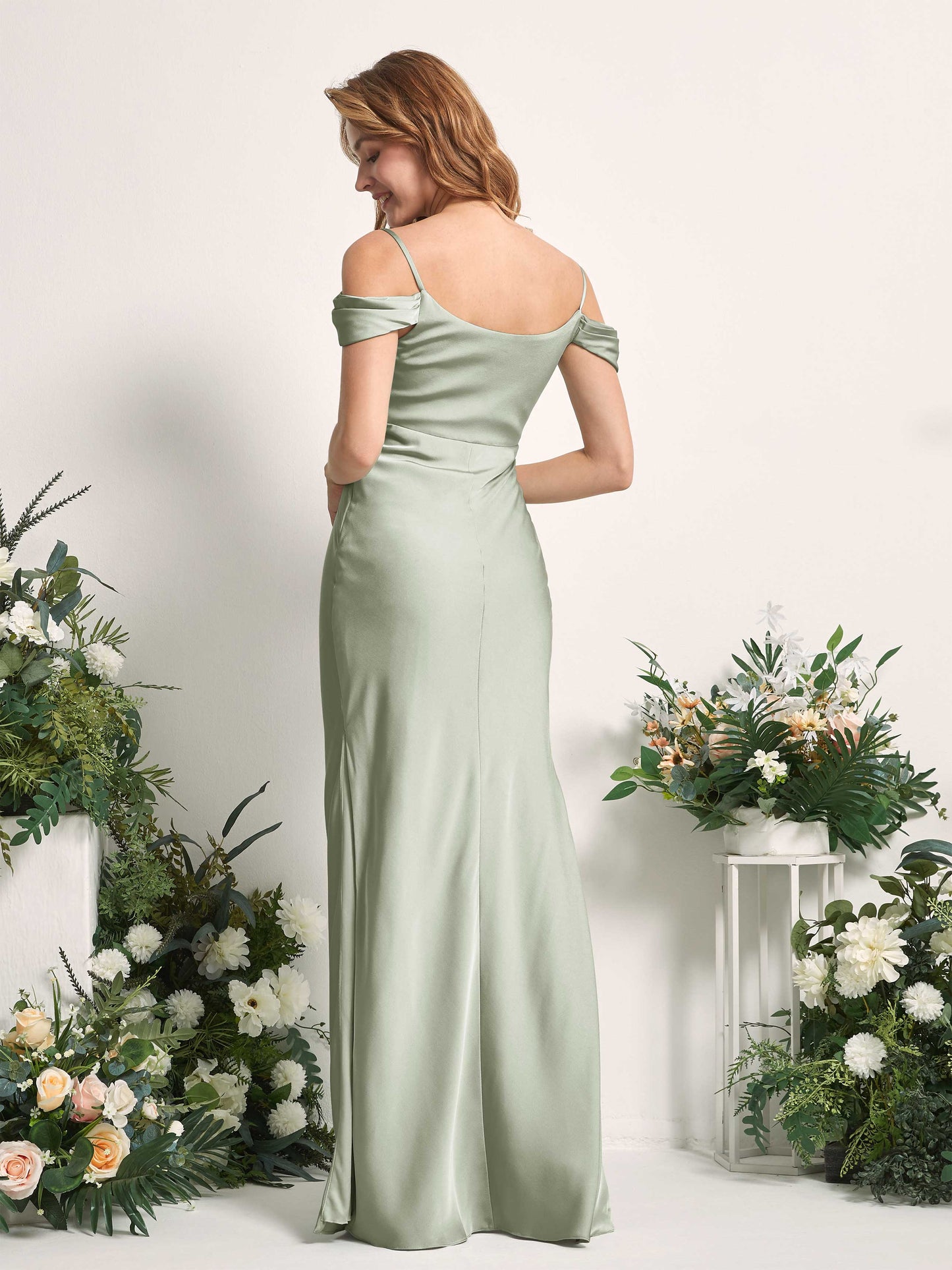 Alexis Sage Green Satin Off Shoulder Maxi Dress