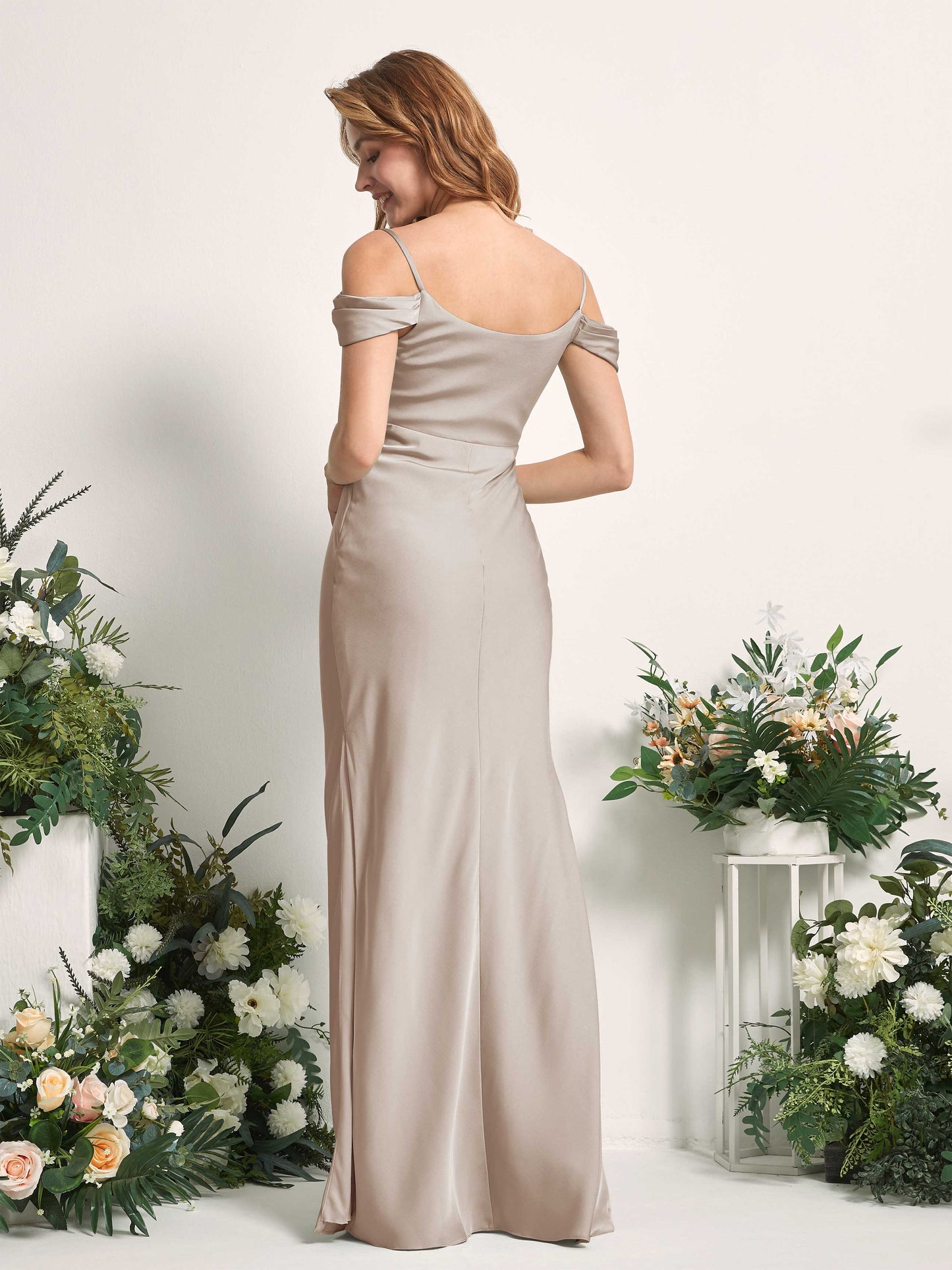 Alexis Taupe Satin Off Shoulder Maxi Dress