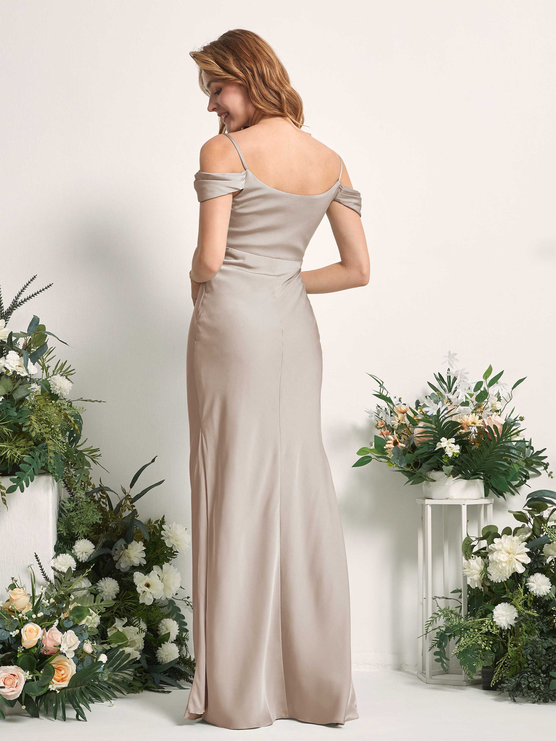 Alexis Taupe Satin Off Shoulder Maxi Dress