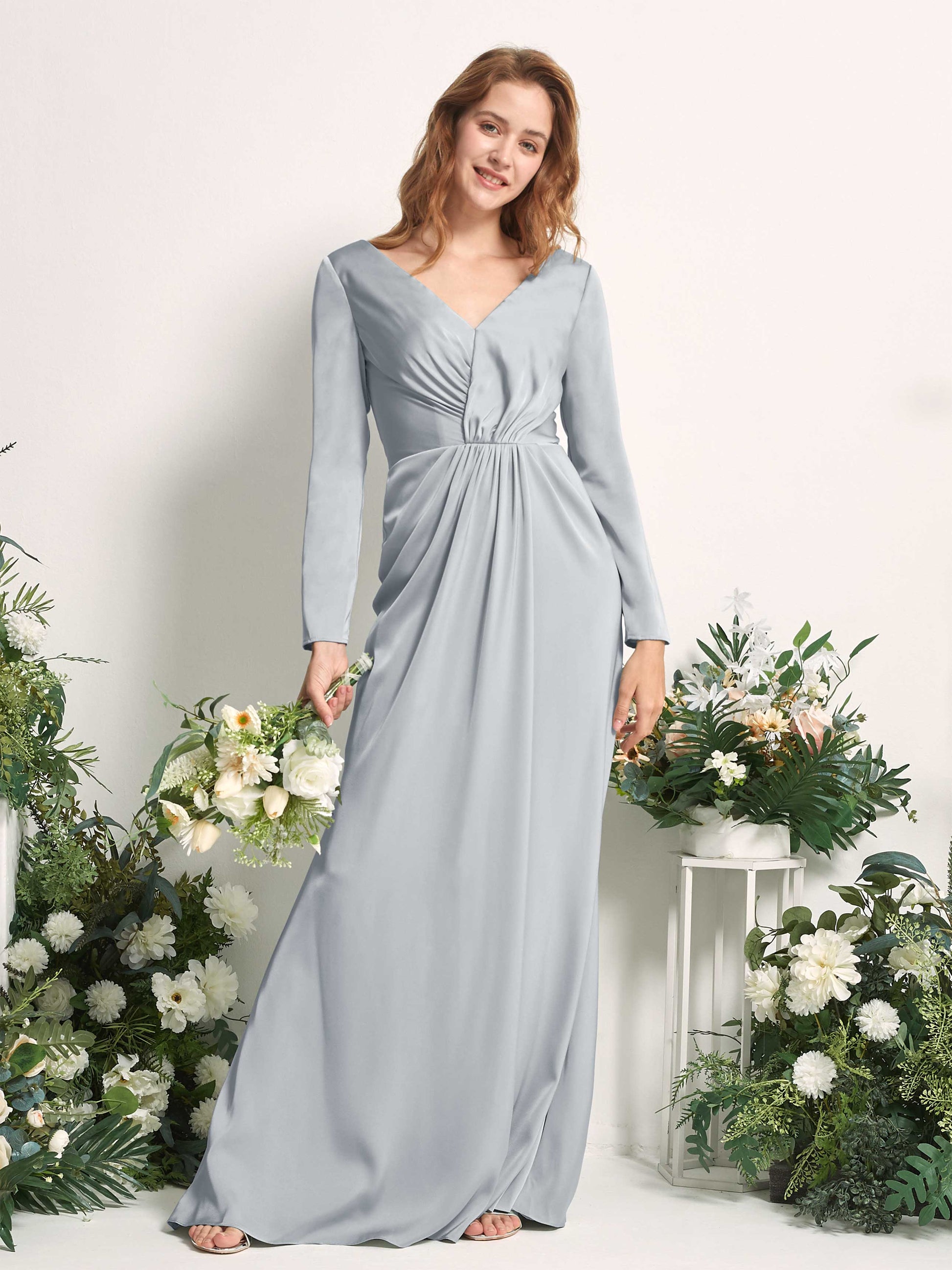 Alicia Baby Blue Satin Long Sleeve Maxi Dress