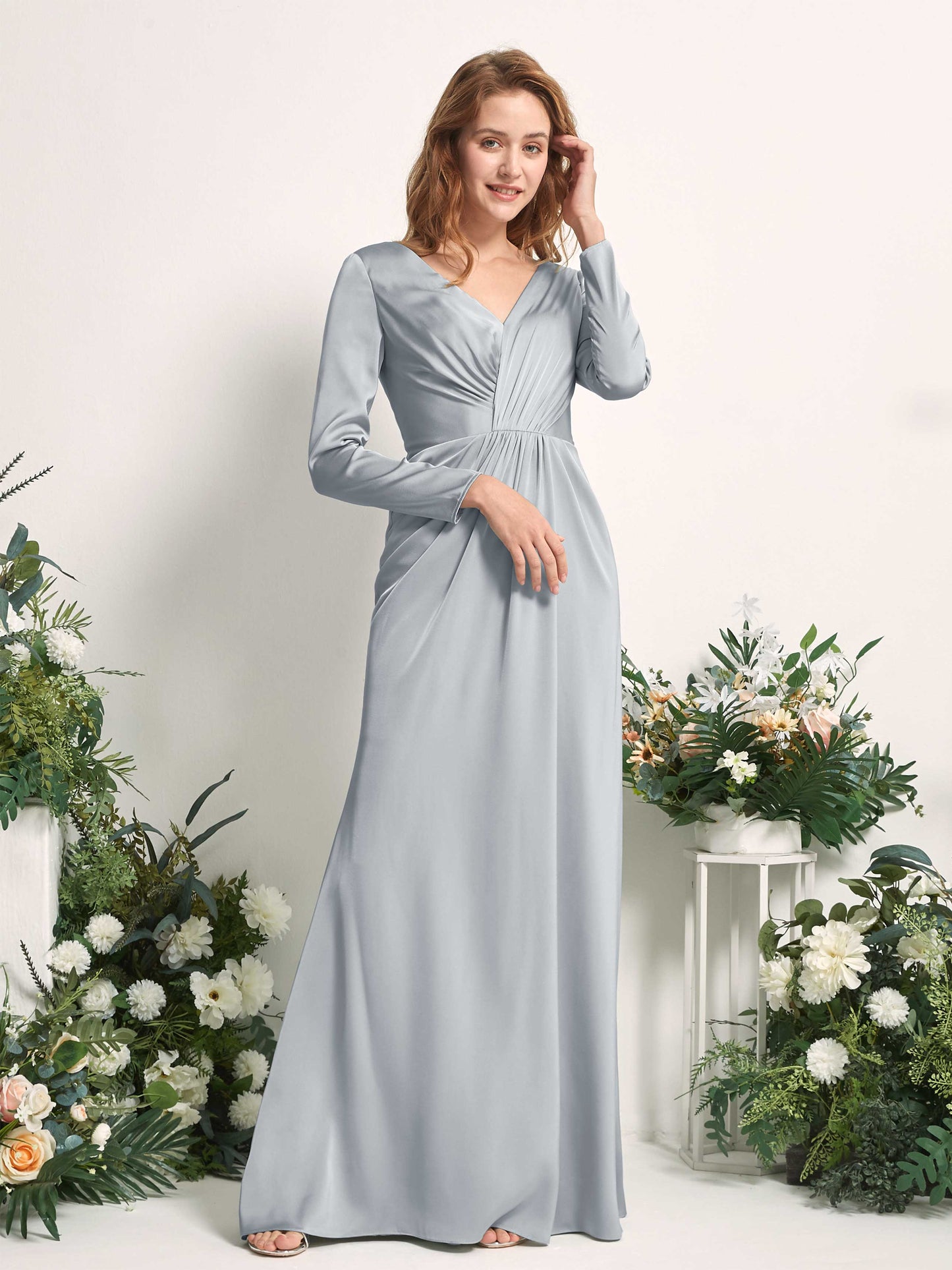 Alicia Baby Blue Satin Long Sleeve Maxi Dress