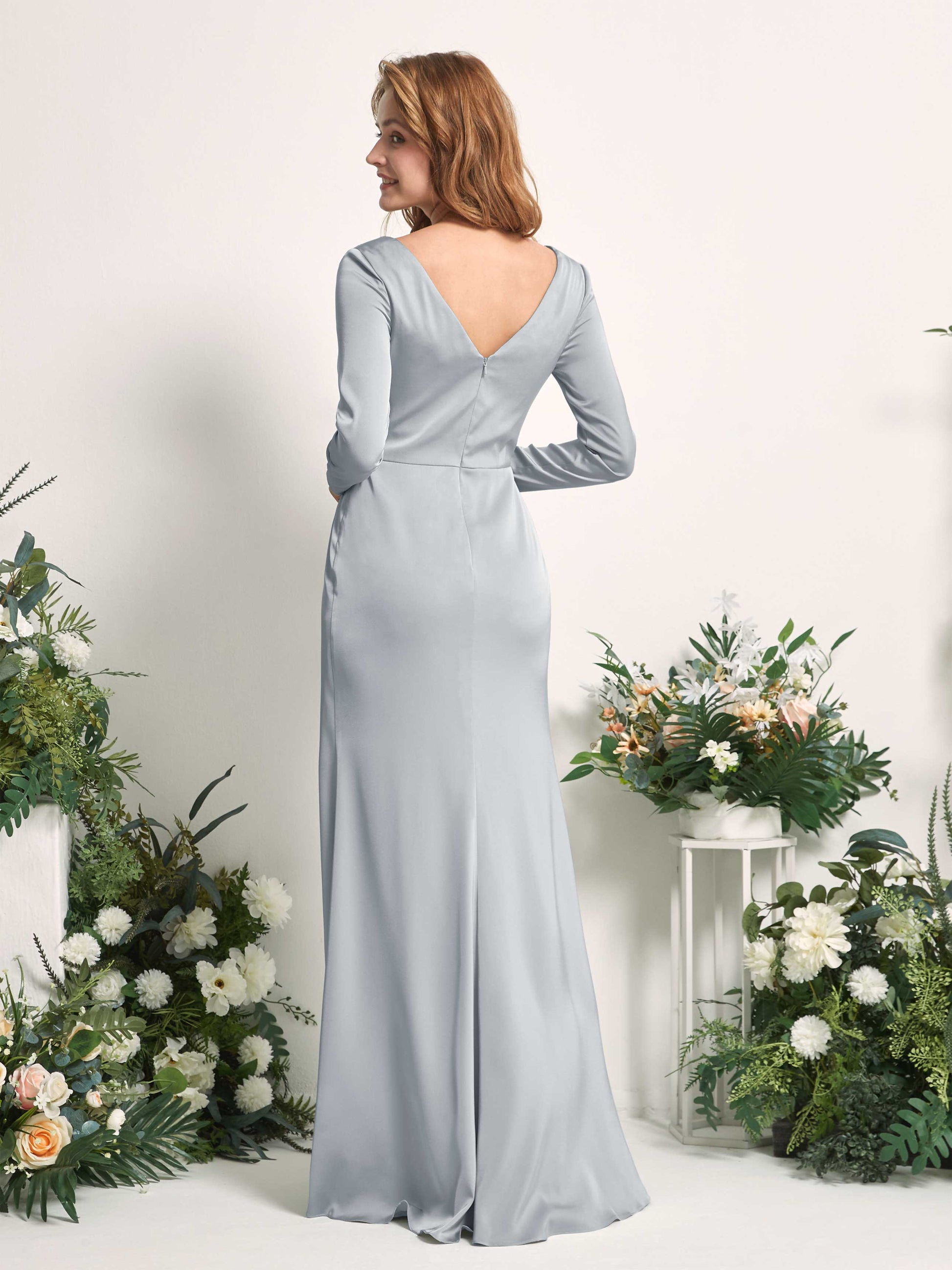 Alicia Baby Blue Satin Long Sleeve Maxi Dress