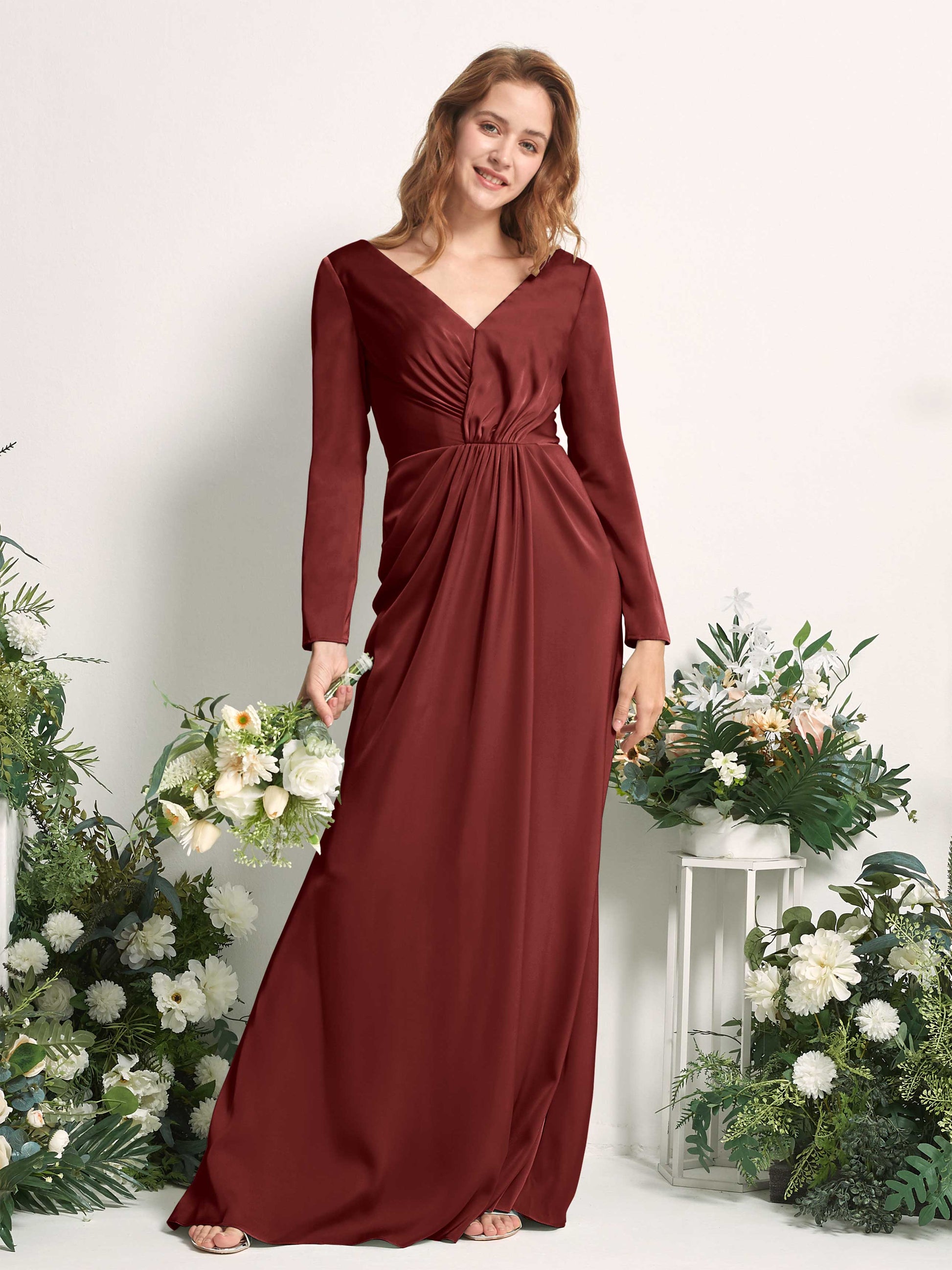 Alicia Burgundy Satin Long Sleeve Maxi Dress