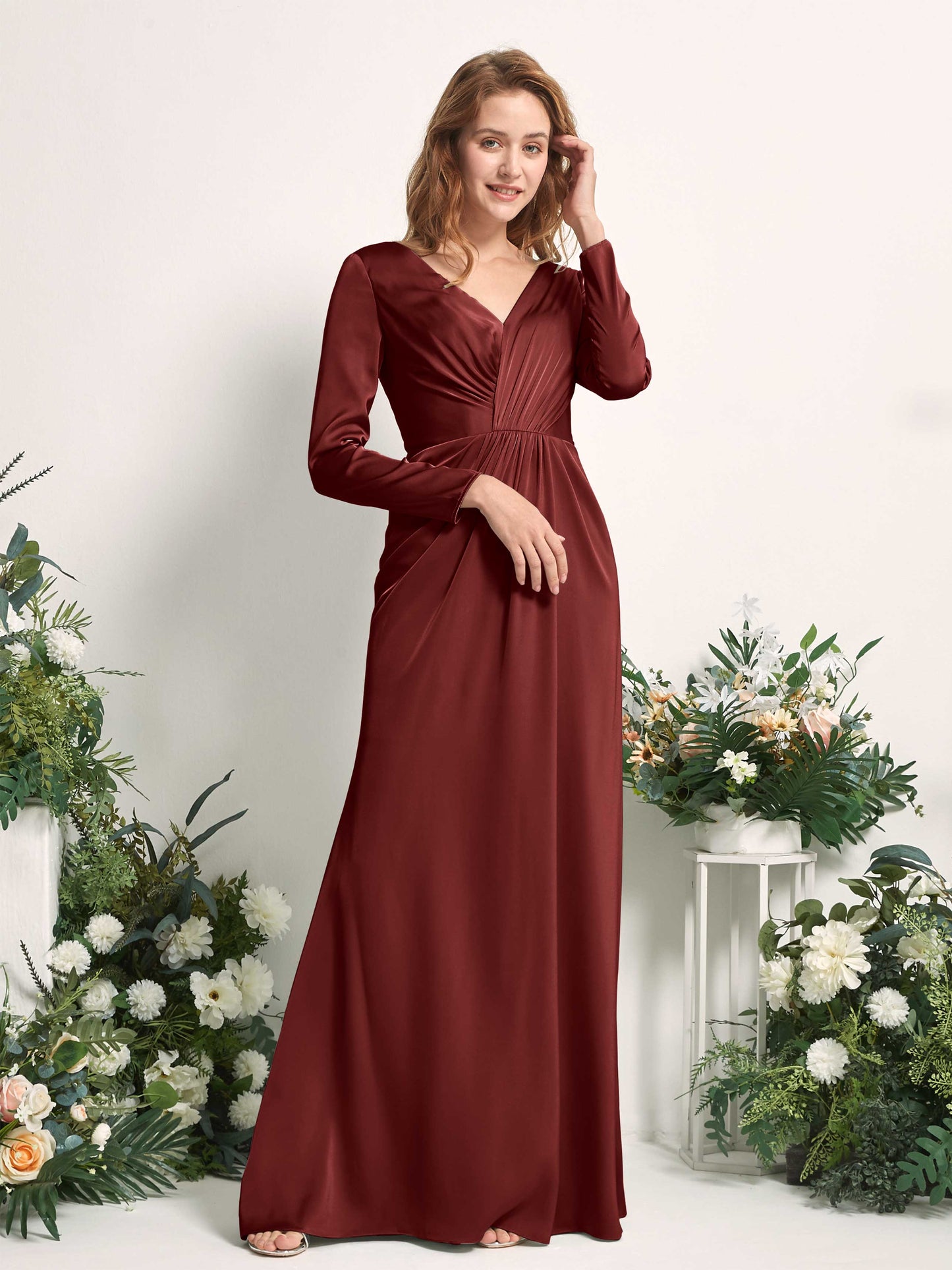 Alicia Burgundy Satin Long Sleeve Maxi Dress