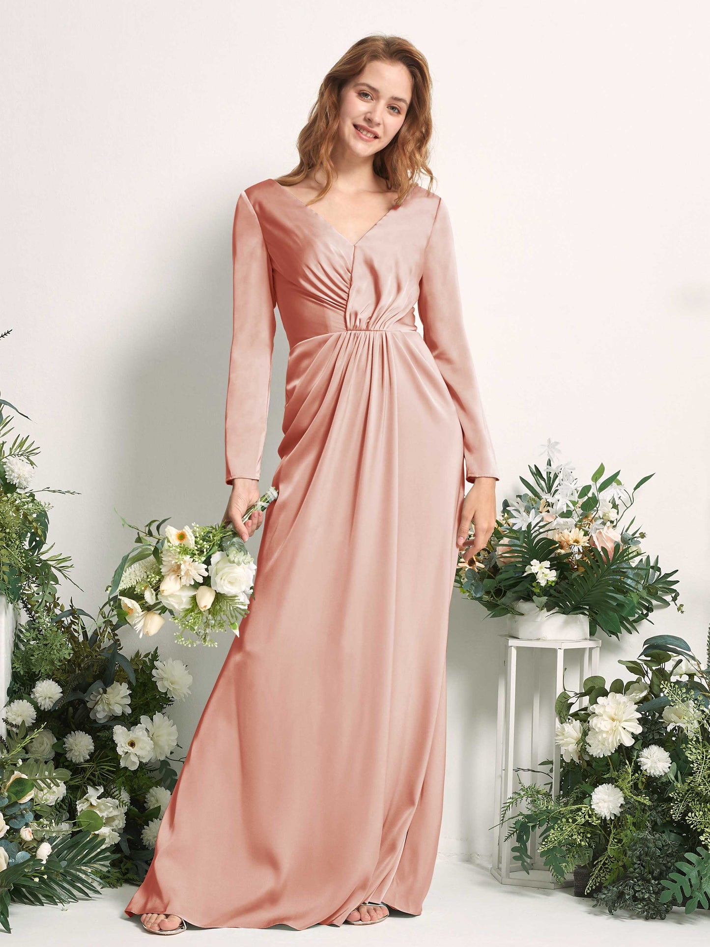 Alicia Cantaloupe Satin Long Sleeve Maxi Dress