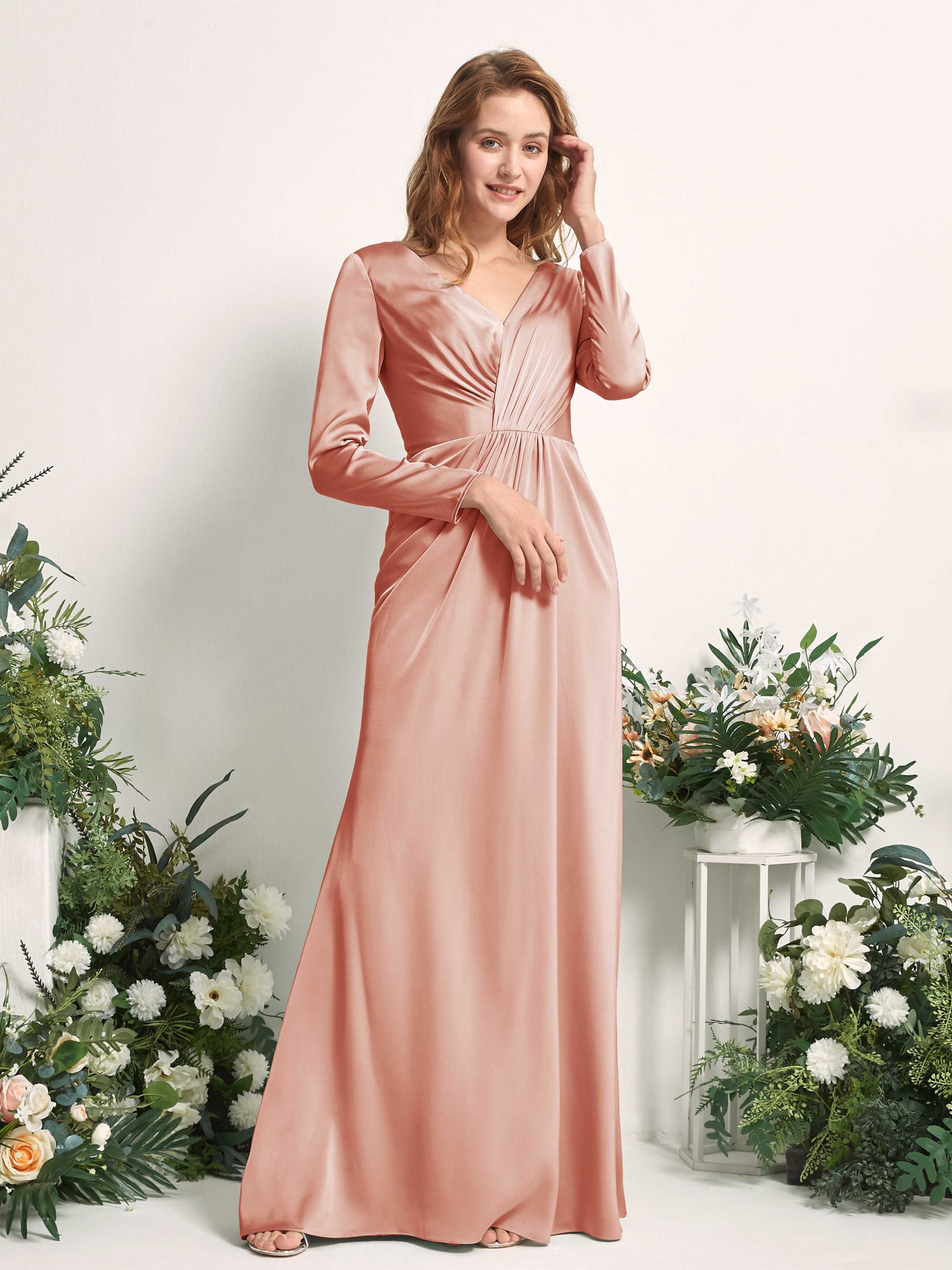 Alicia Cantaloupe Satin Long Sleeve Maxi Dress