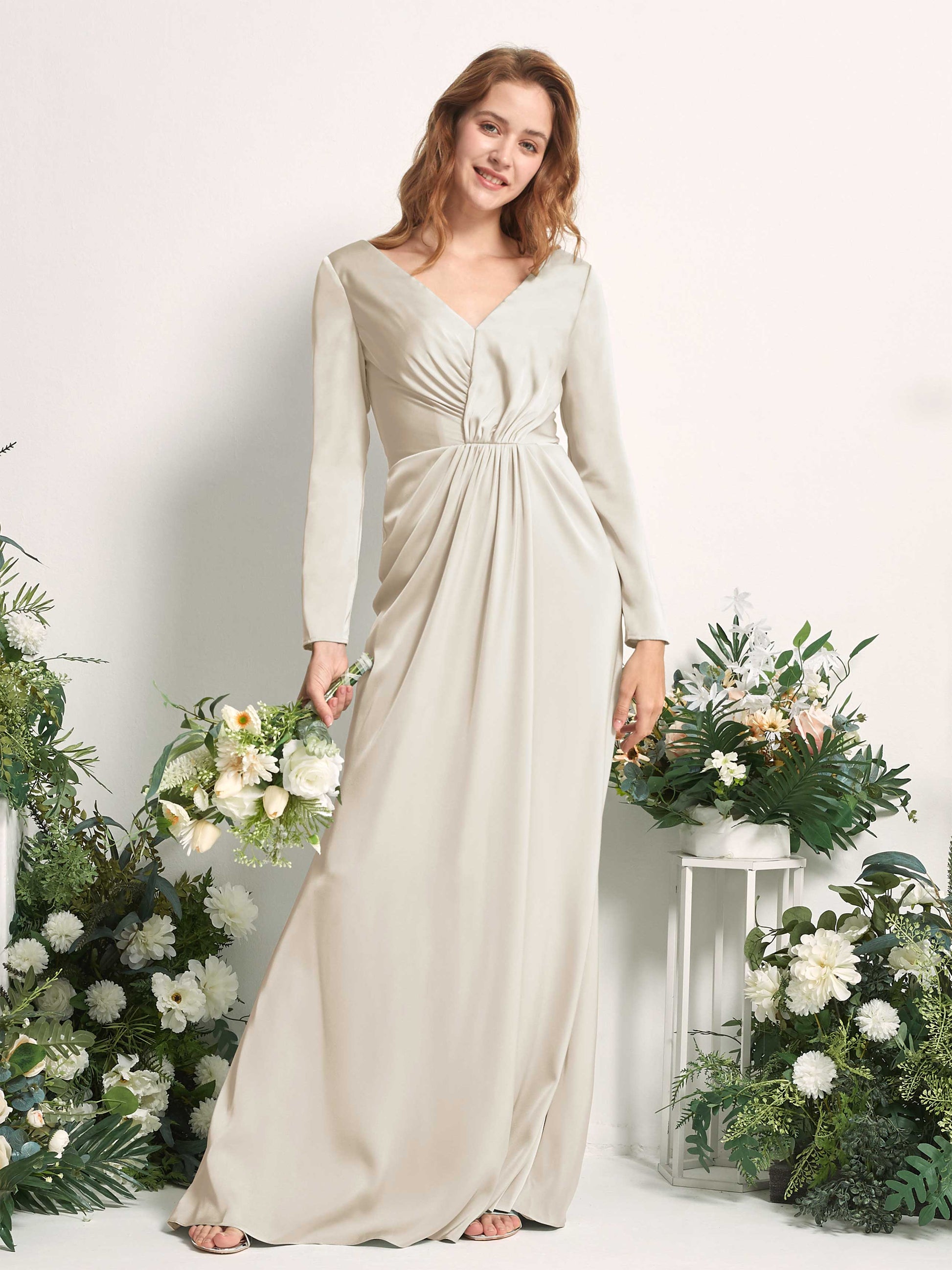 Alicia Champagne Satin Long Sleeve Maxi Dress