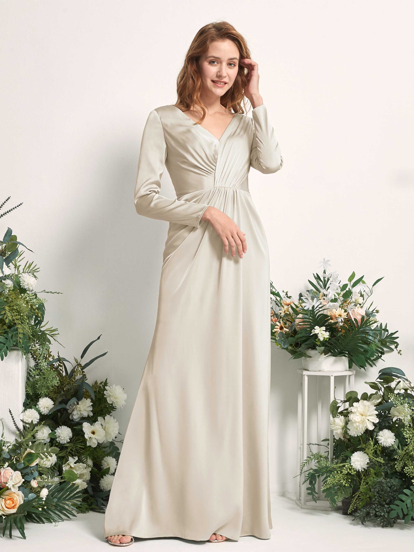 Alicia Champagne Satin Long Sleeve Maxi Dress