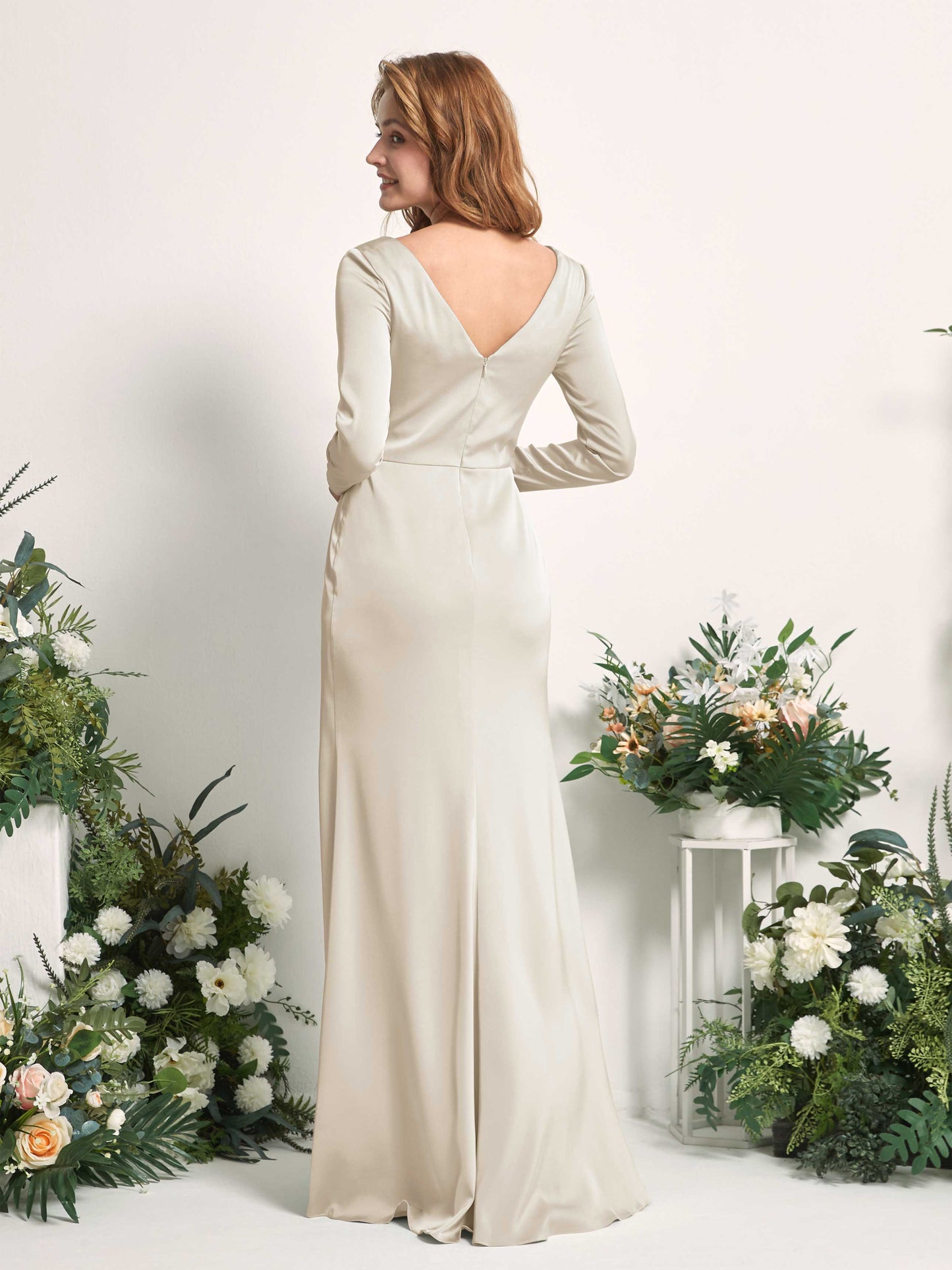 Alicia Champagne Satin Long Sleeve Maxi Dress