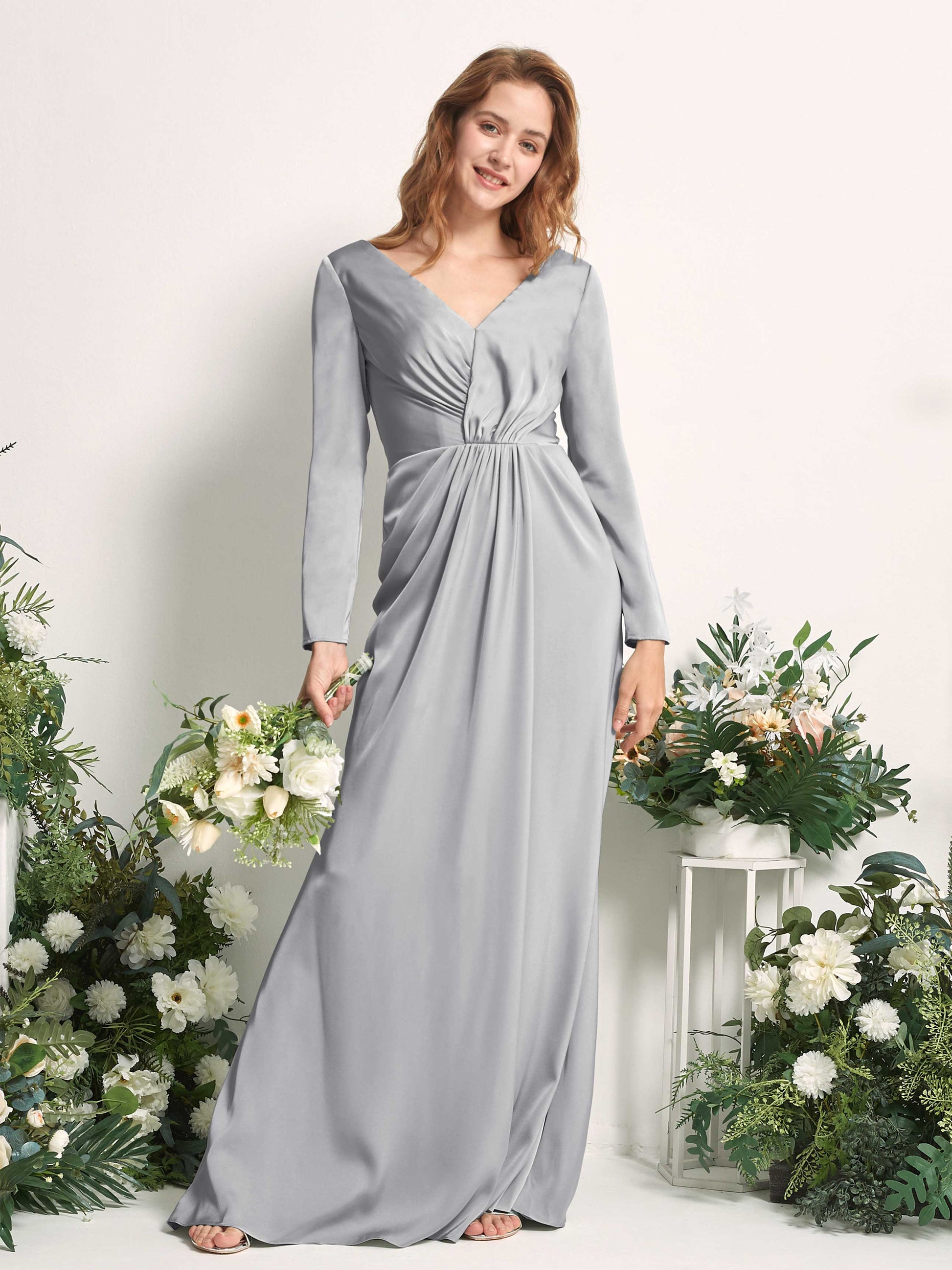 Alicia Dove Satin Long Sleeve Maxi Dress