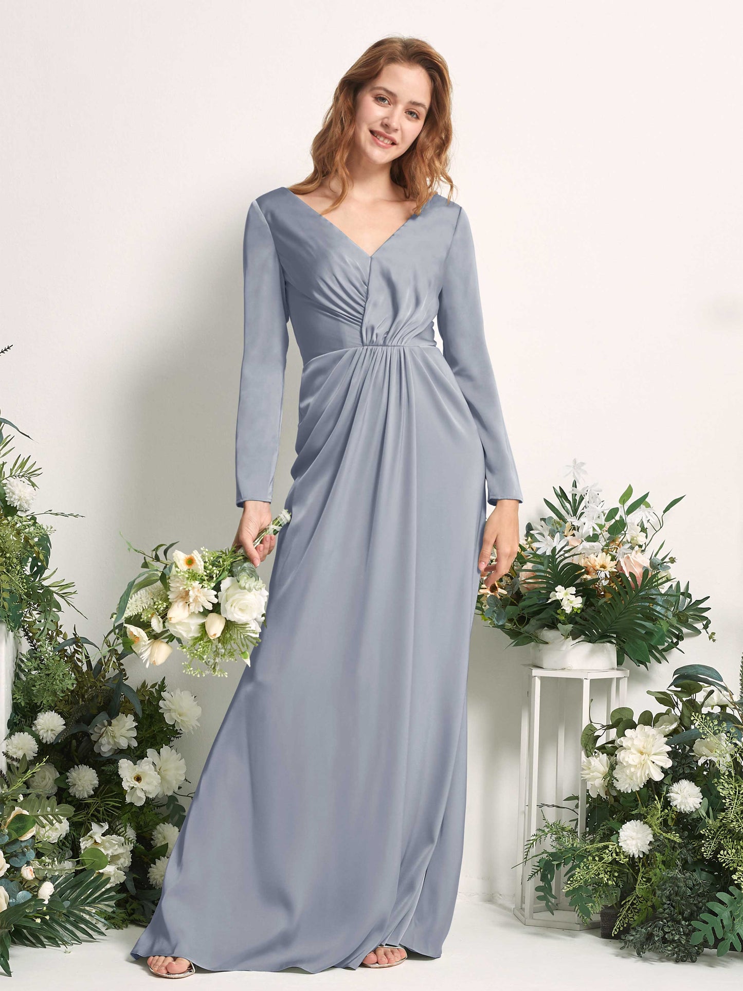 Alicia Dusty Blue Satin Long Sleeve Maxi Dress