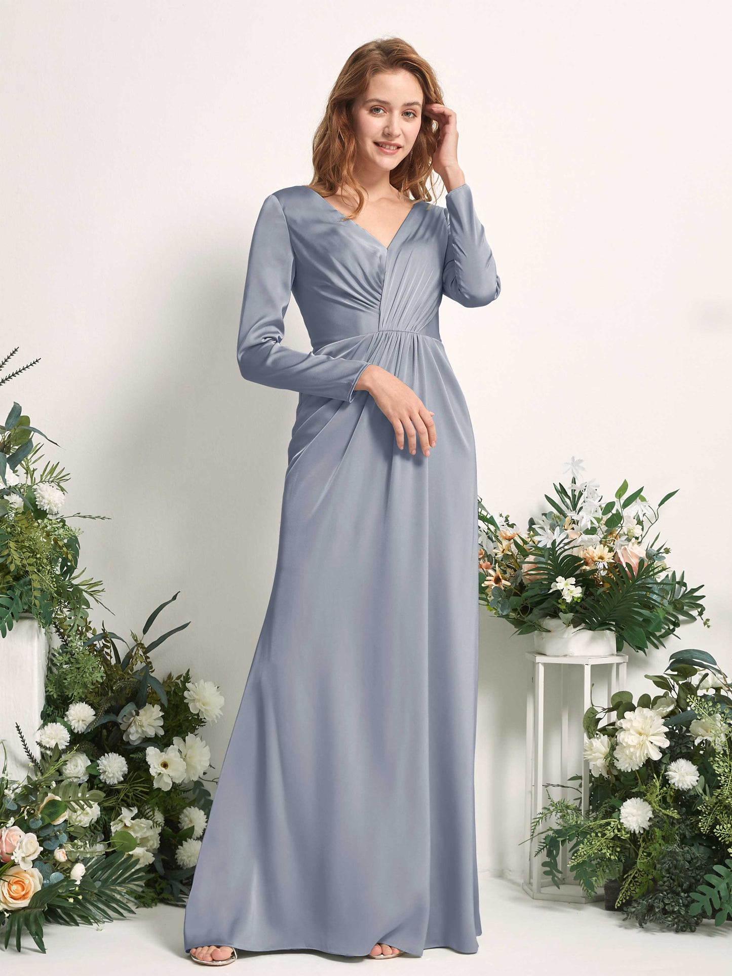 Alicia Dusty Blue Satin Long Sleeve Maxi Dress