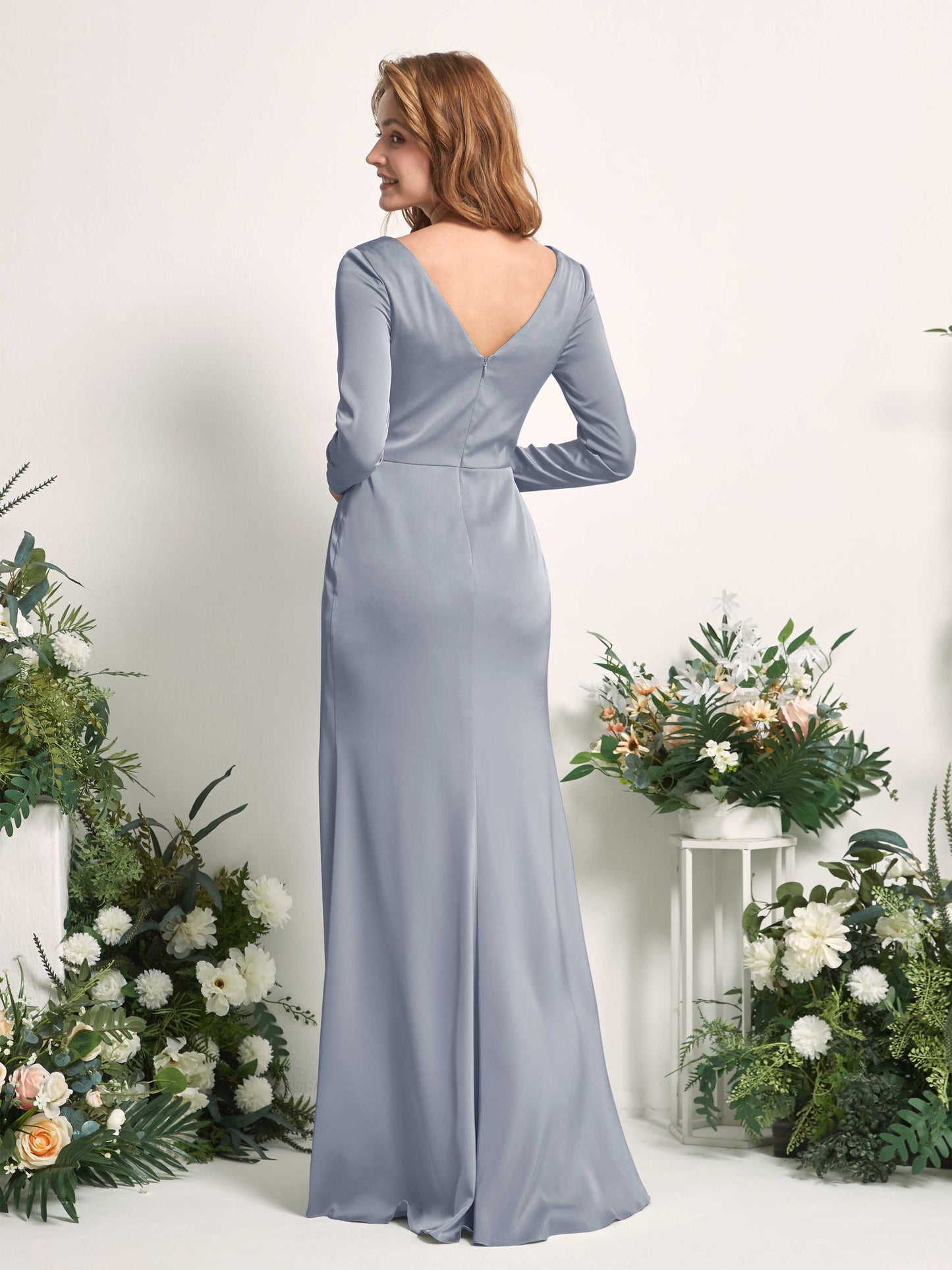 Alicia Dusty Blue Satin Long Sleeve Maxi Dress