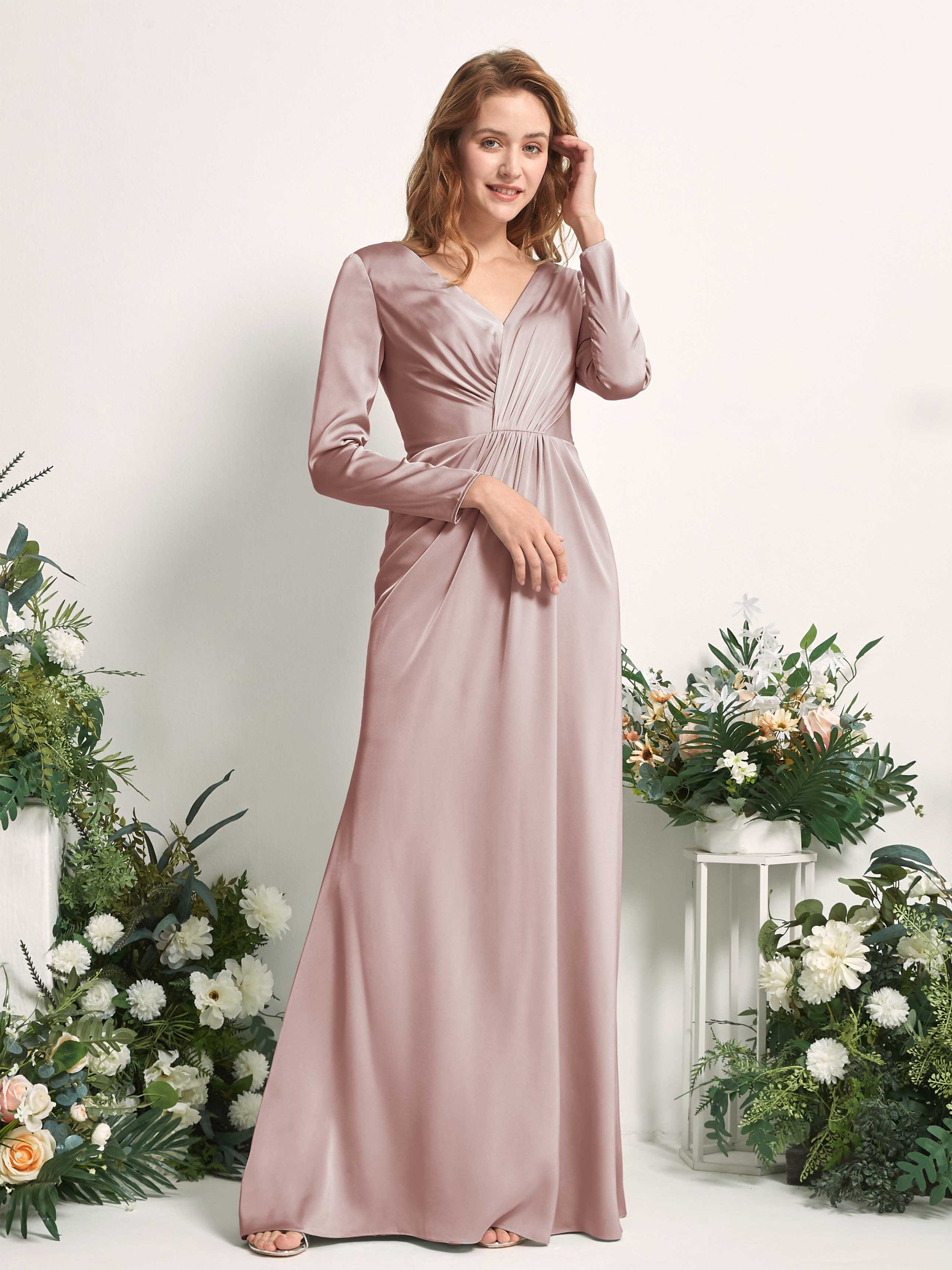 Alicia Dusty Rose Satin Long Sleeve Maxi Dress