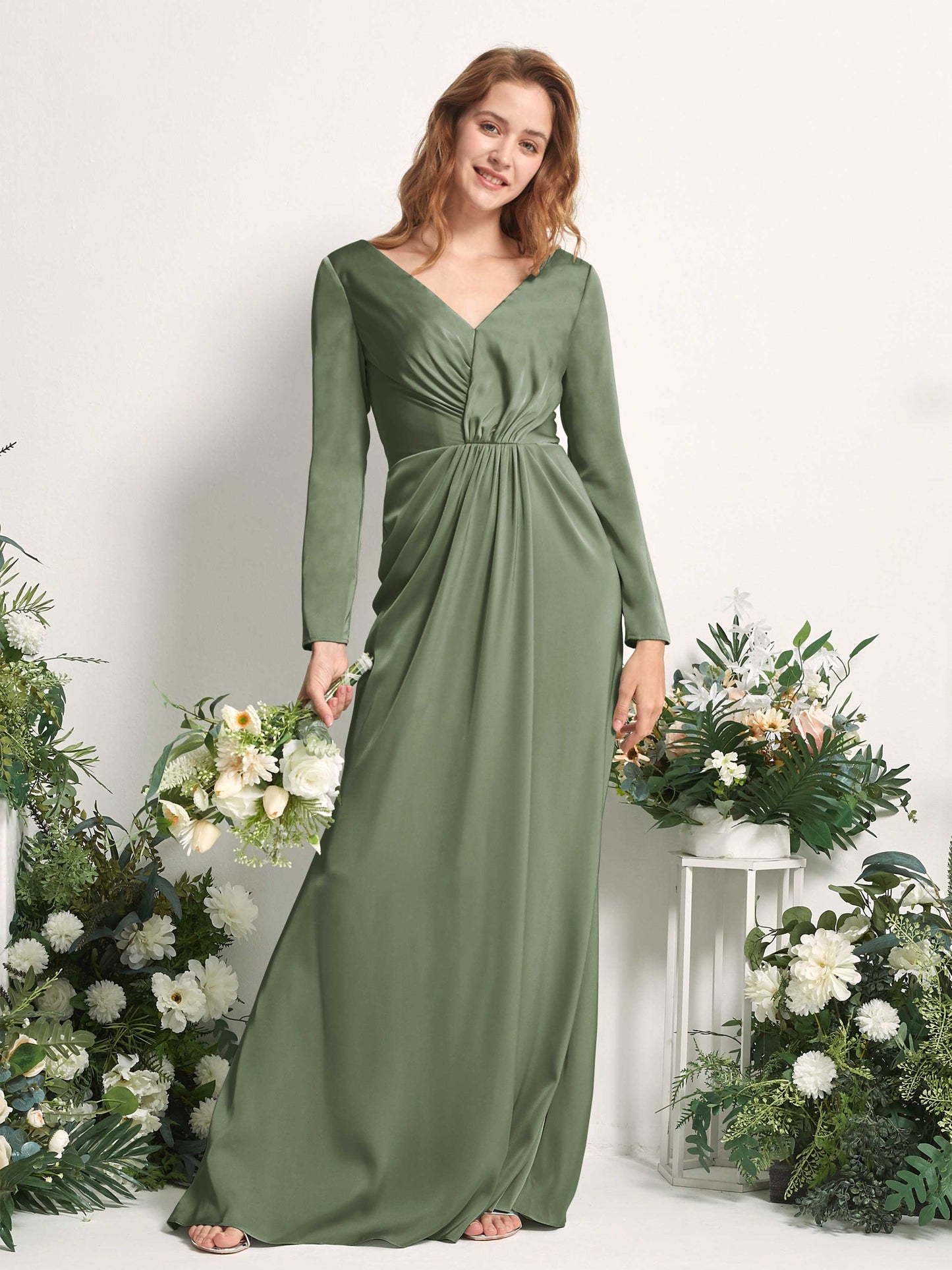 Alicia Green Olive Satin Long Sleeve Maxi Dress