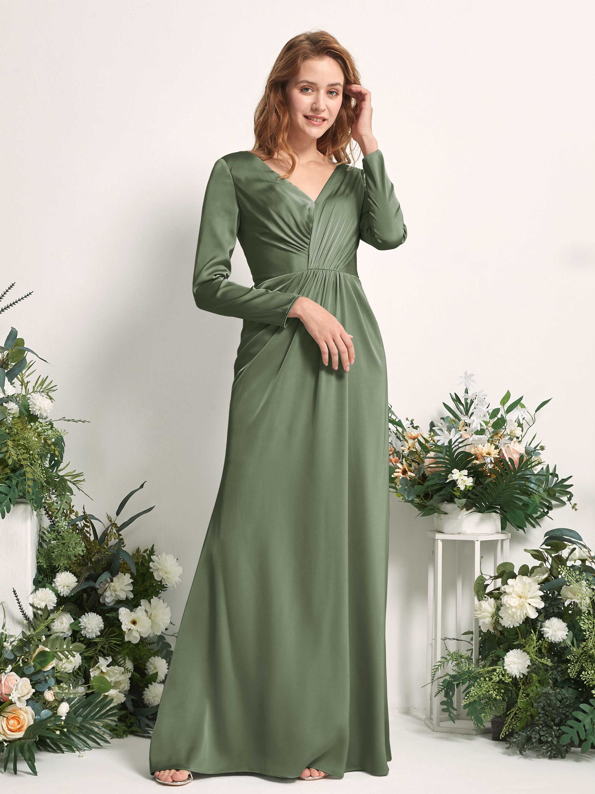 Alicia Green Olive Satin Long Sleeve Maxi Dress