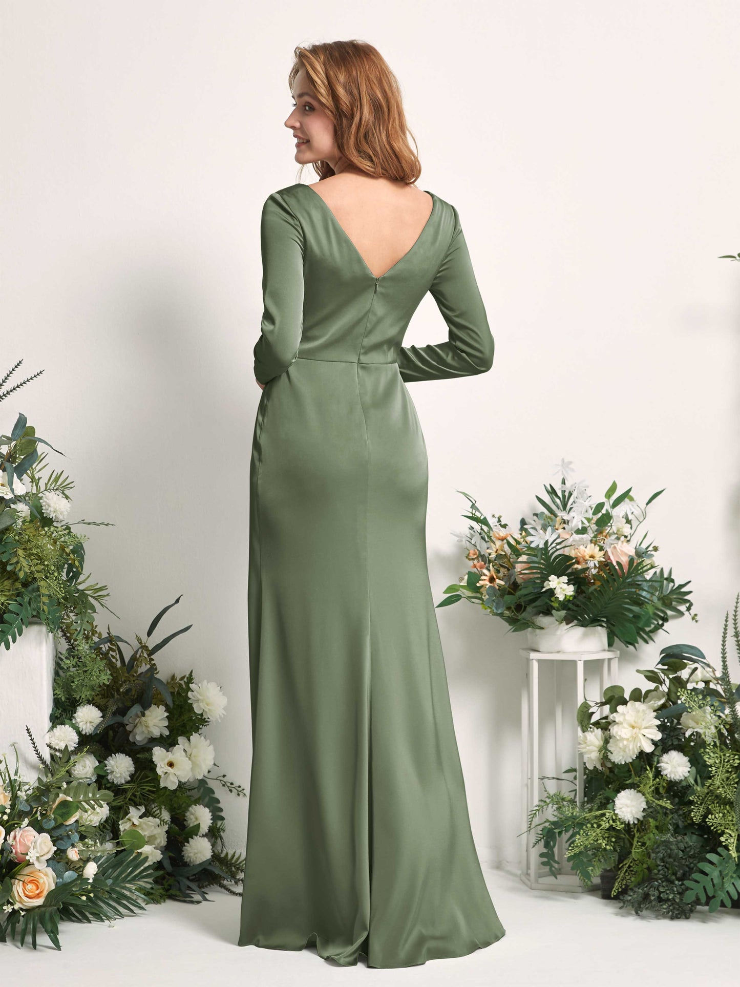 Alicia Green Olive Satin Long Sleeve Maxi Dress