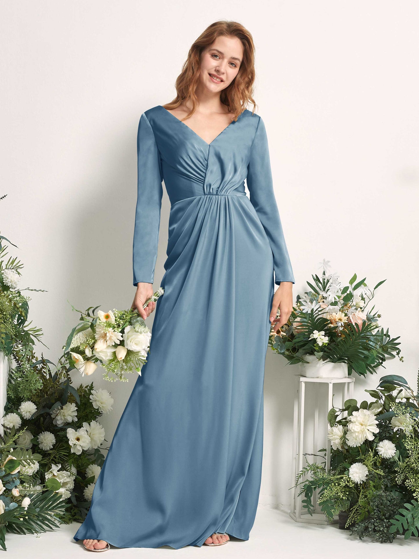 Alicia Ink blue Satin Long Sleeve Maxi Dress