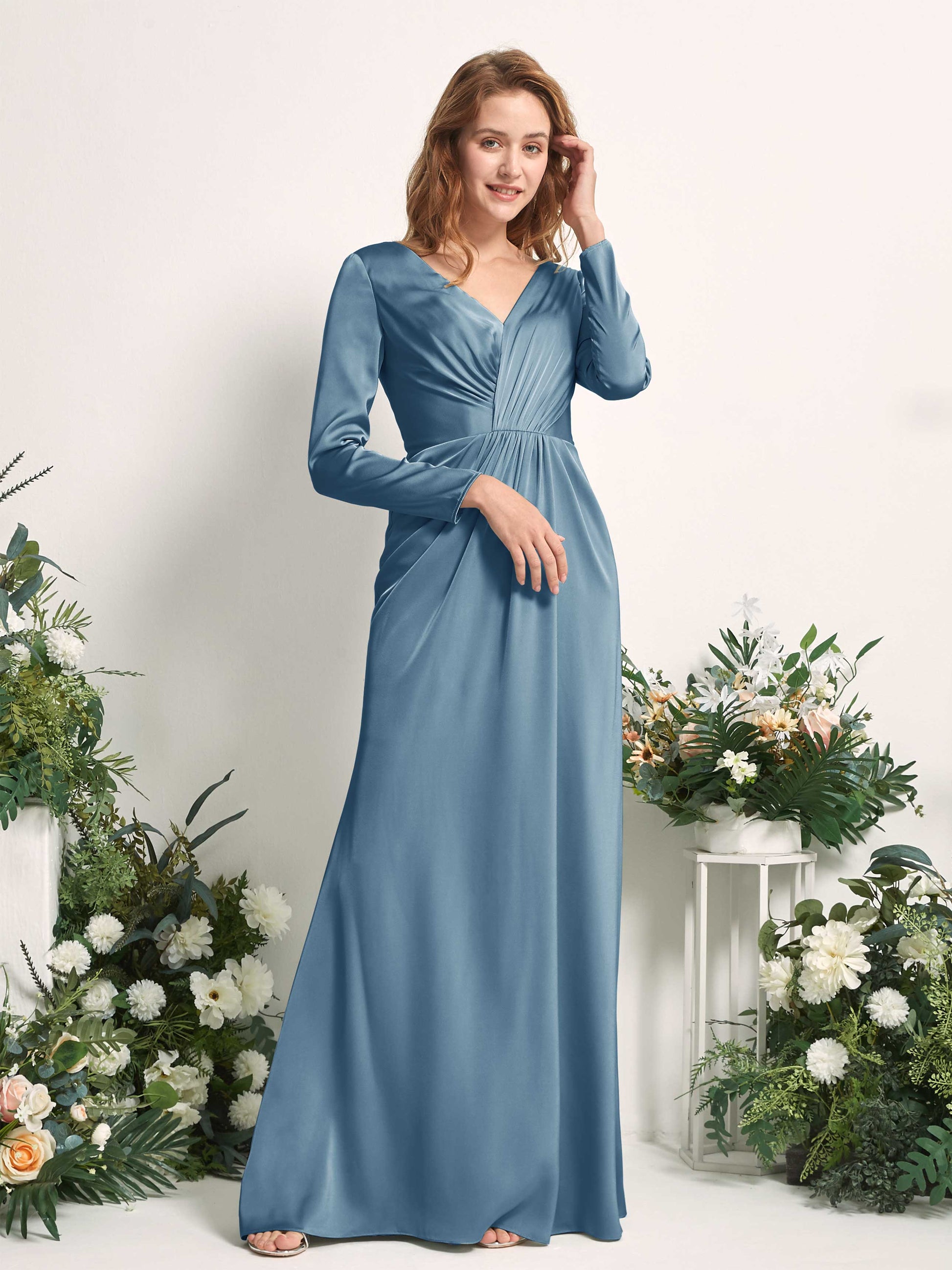 Alicia Ink blue Satin Long Sleeve Maxi Dress