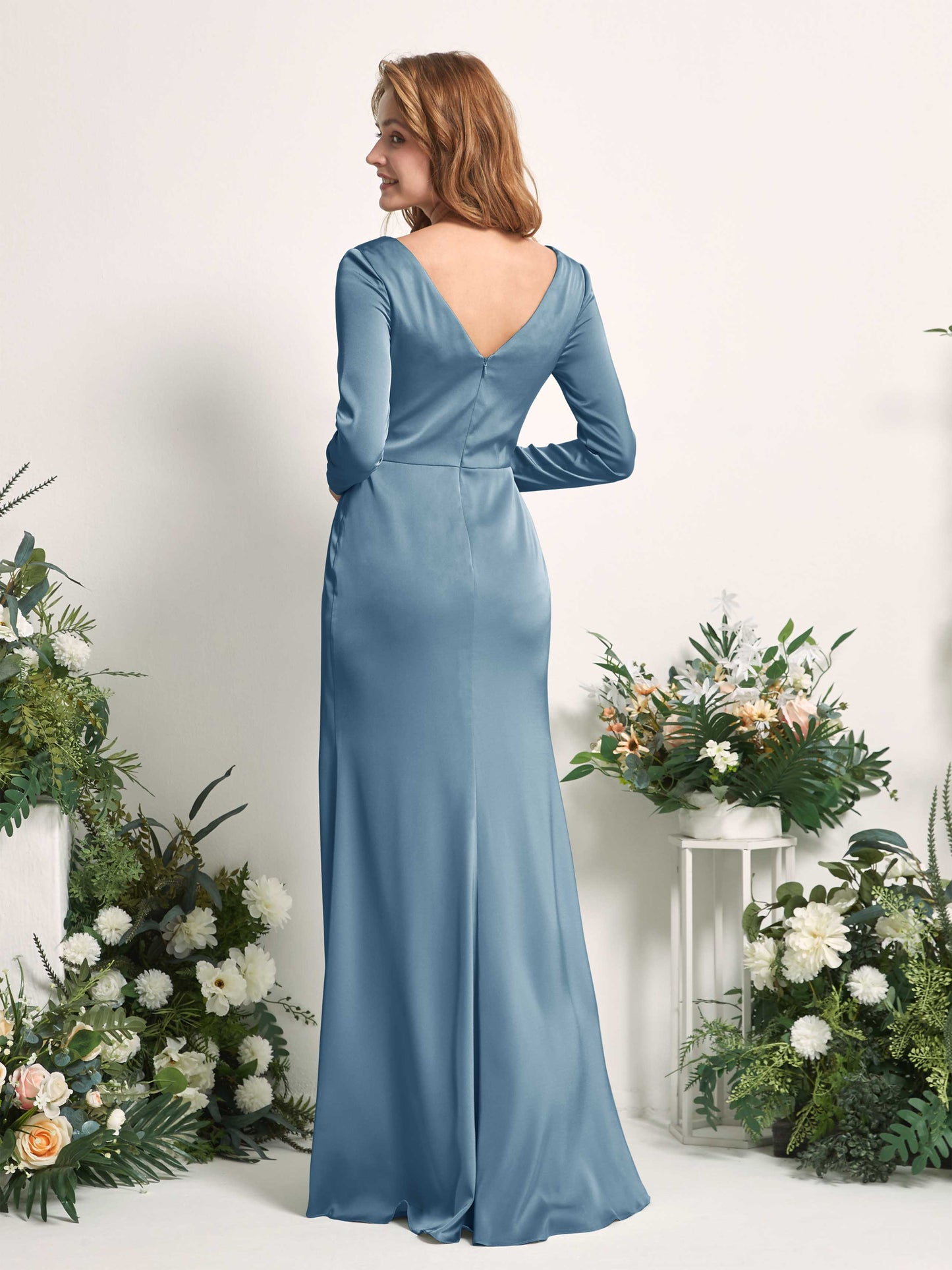 Alicia Ink blue Satin Long Sleeve Maxi Dress