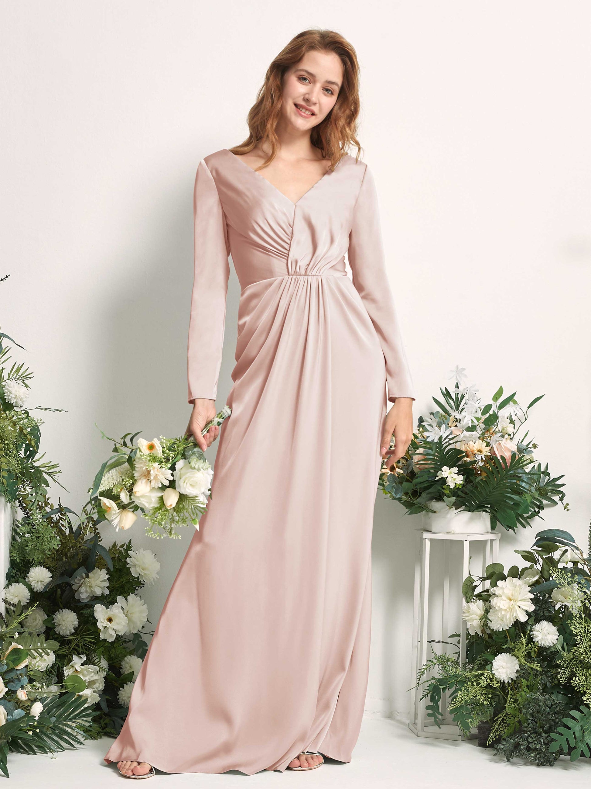 Alicia Pearl Pink Satin Long Sleeve Maxi Dress