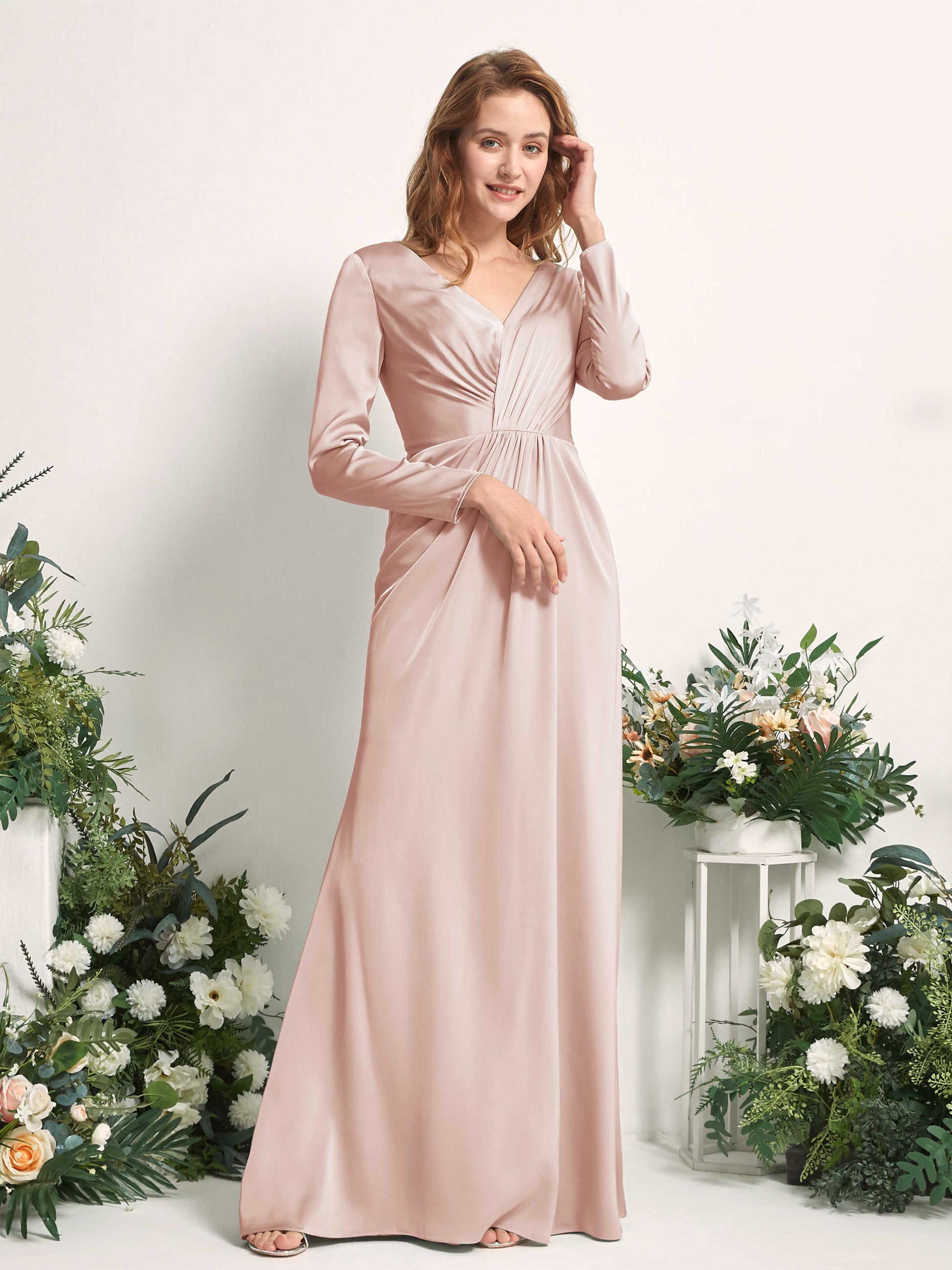 Alicia Pearl Pink Satin Long Sleeve Maxi Dress