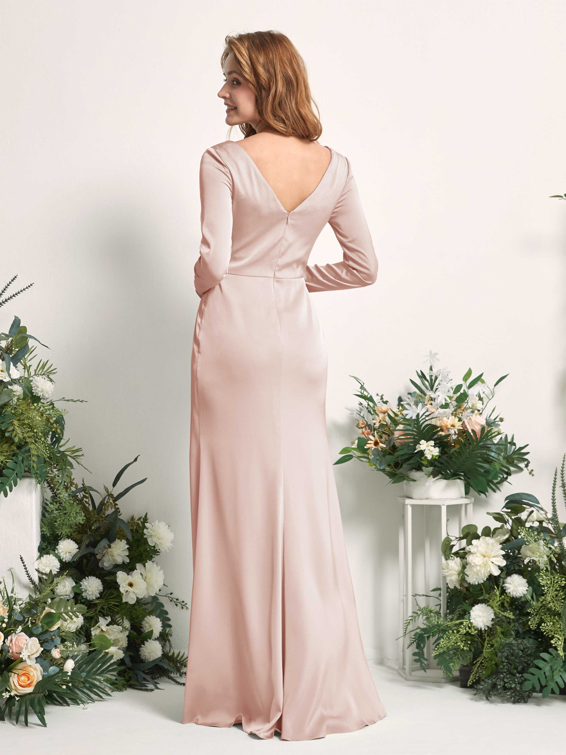 Alicia Pearl Pink Satin Long Sleeve Maxi Dress