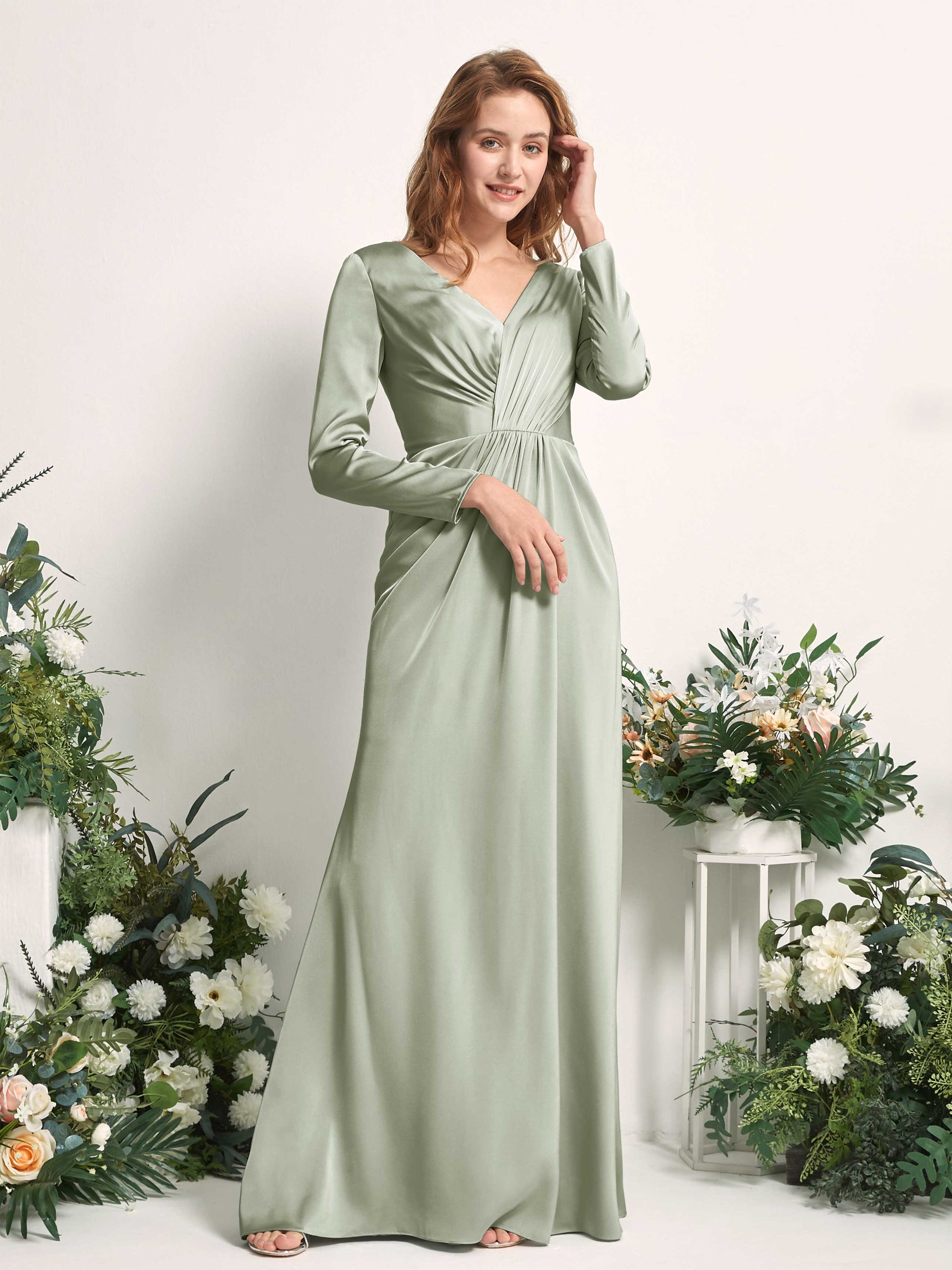 Alicia Sage Green Satin Long Sleeve Maxi Dress