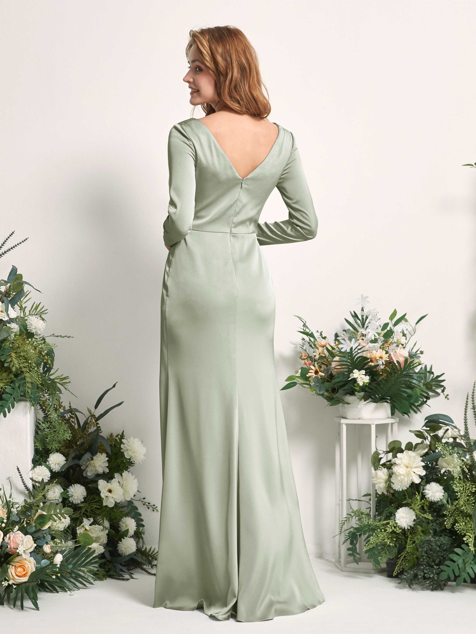 Alicia Sage Green Satin Long Sleeve Maxi Dress