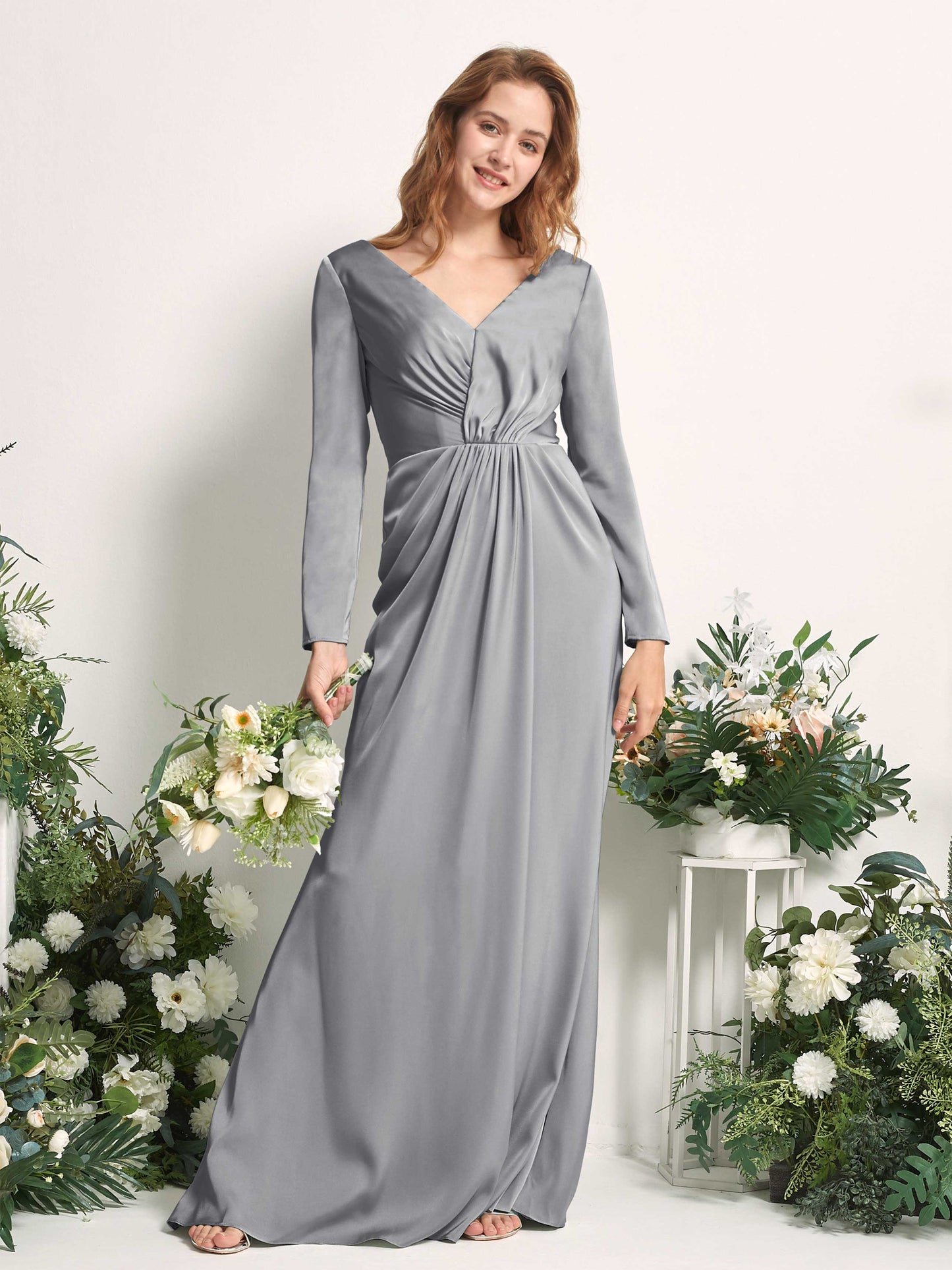 Alicia Steel Gray Satin Long Sleeve Maxi Dress