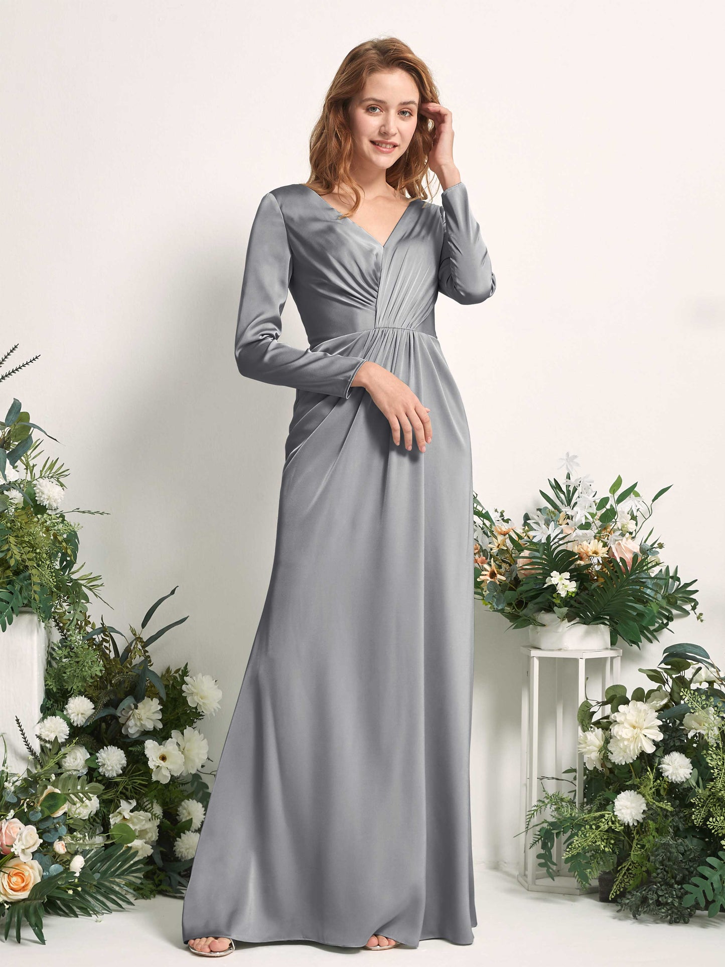 Alicia Steel Gray Satin Long Sleeve Maxi Dress