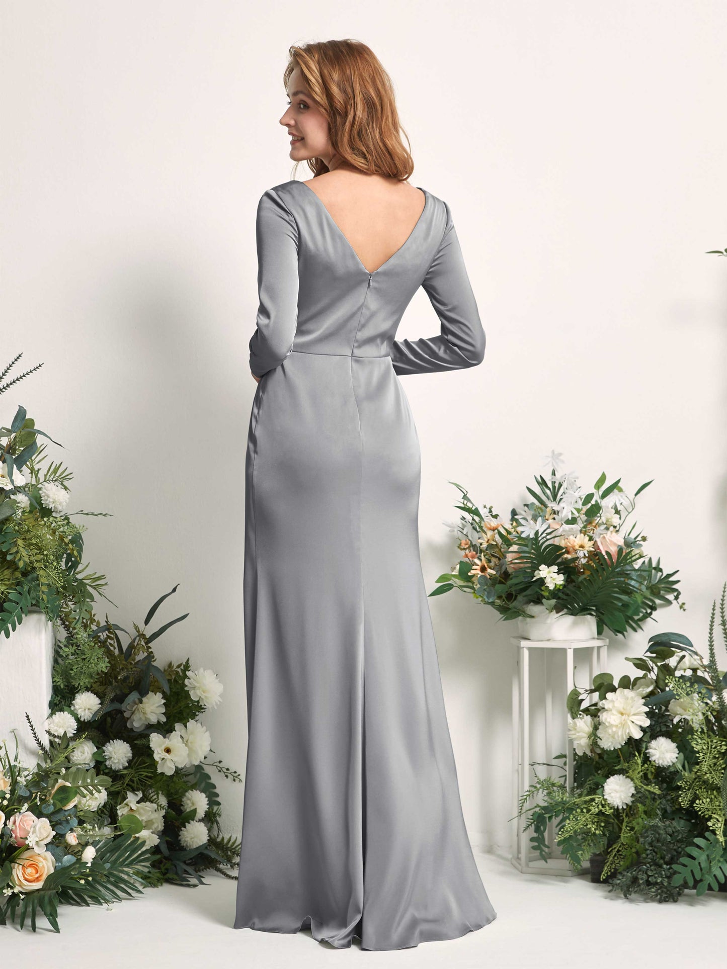 Alicia Steel Gray Satin Long Sleeve Maxi Dress