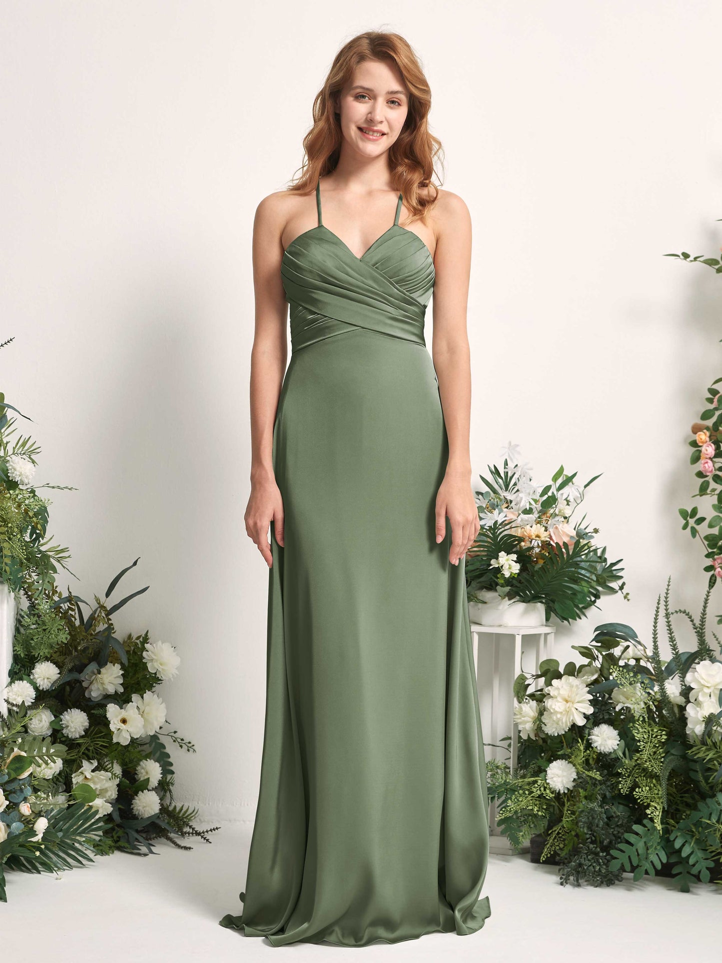 Allison Green Olive Satin Sleeveless Maxi Dress