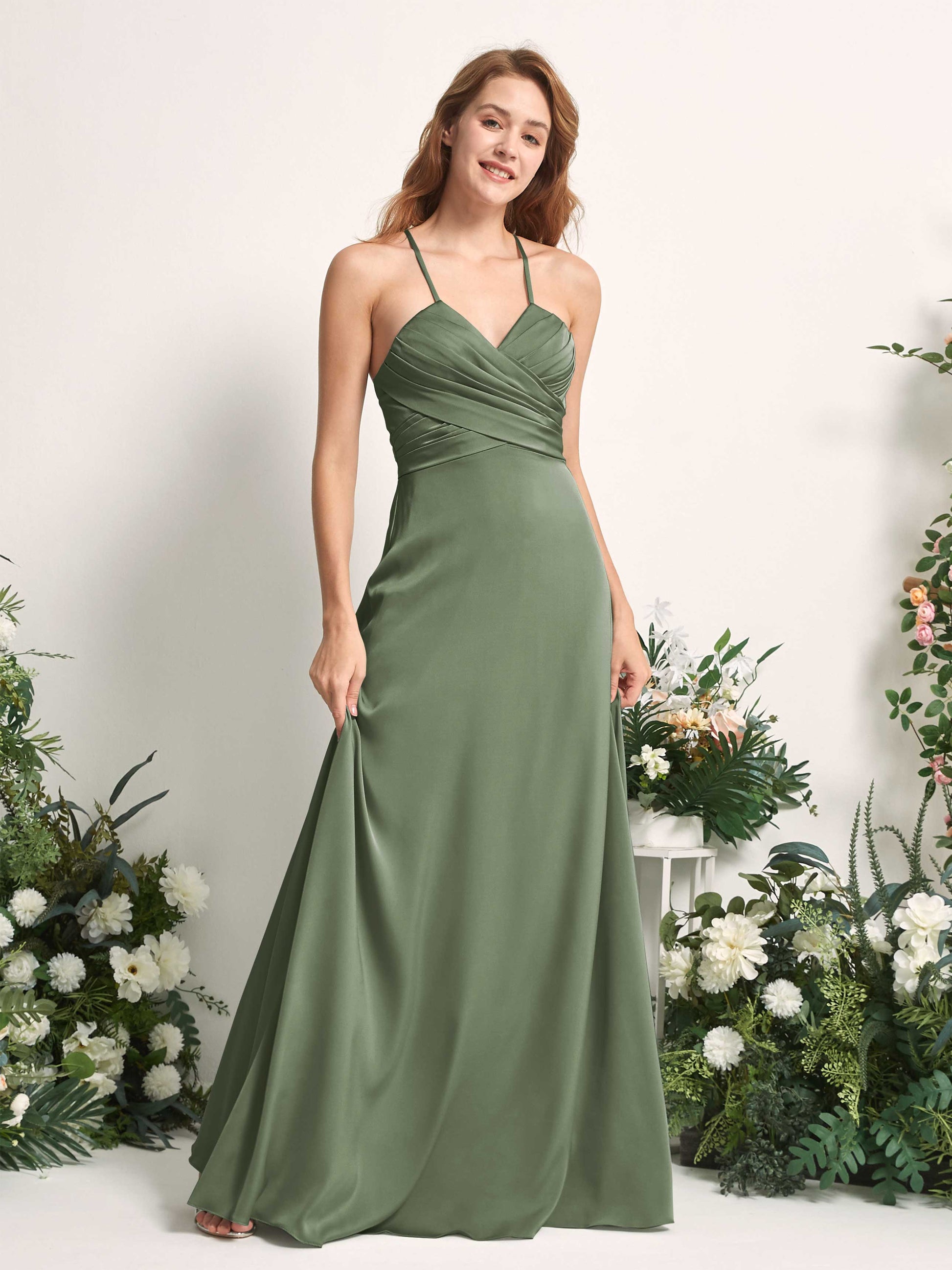 Allison Green Olive Satin Sleeveless Maxi Dress