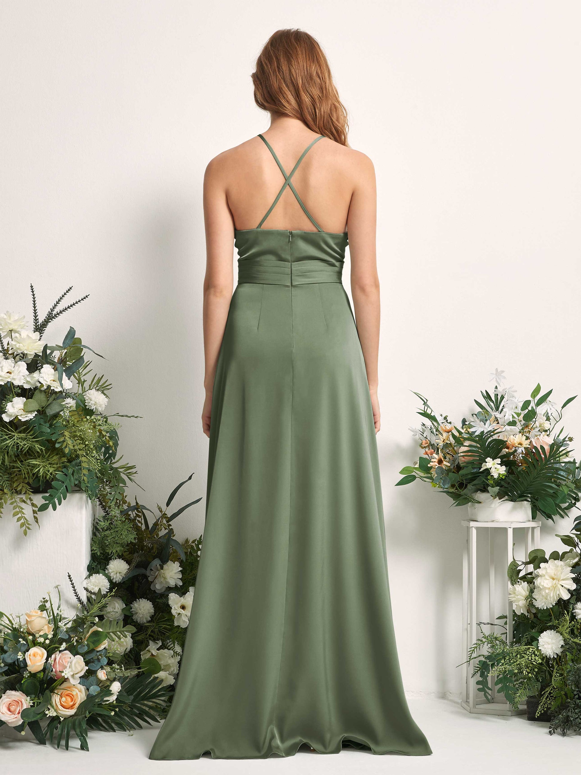 Allison Green Olive Satin Sleeveless Maxi Dress