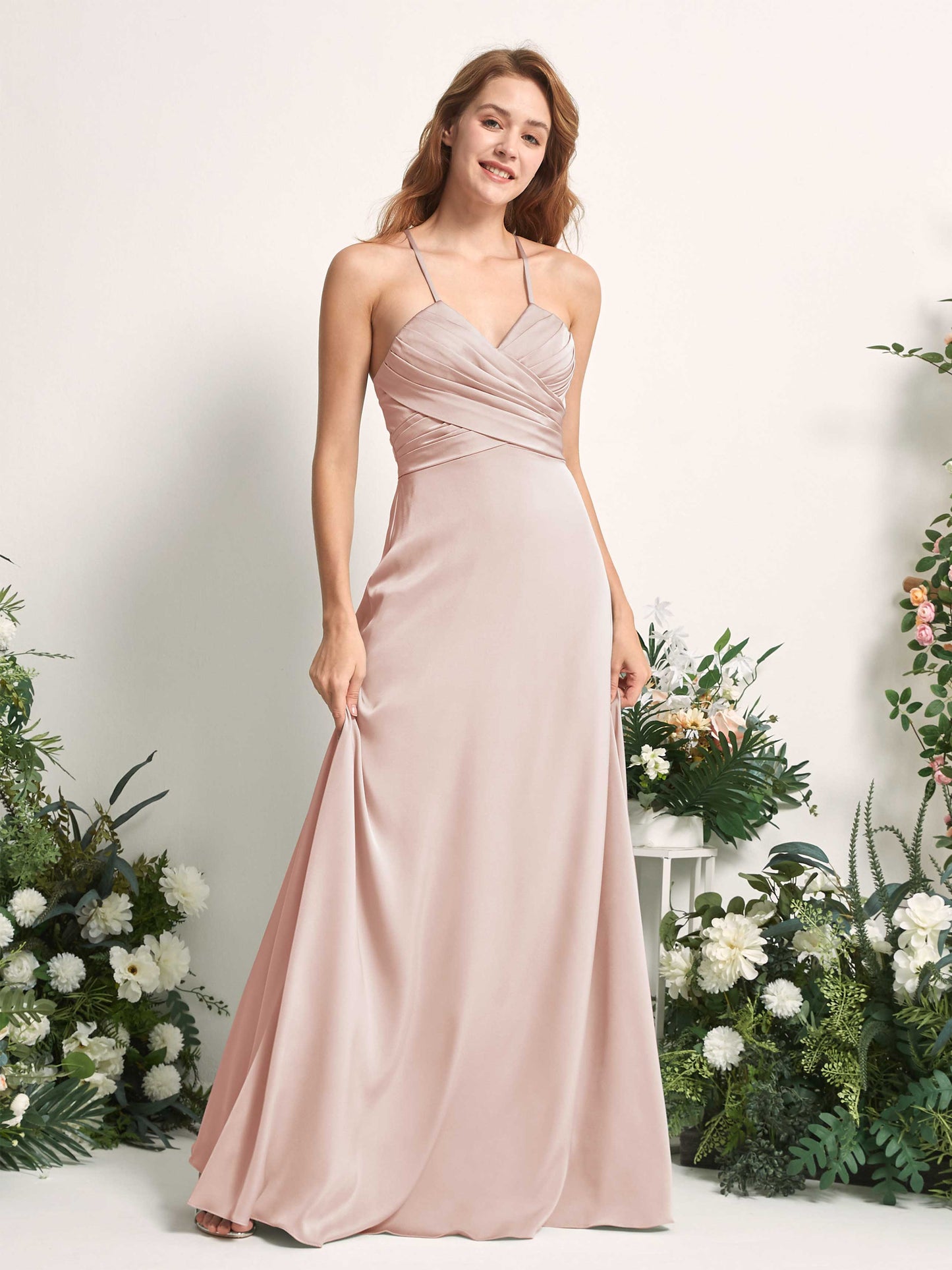 Allison Pearl Pink Satin Sleeveless Maxi Dress